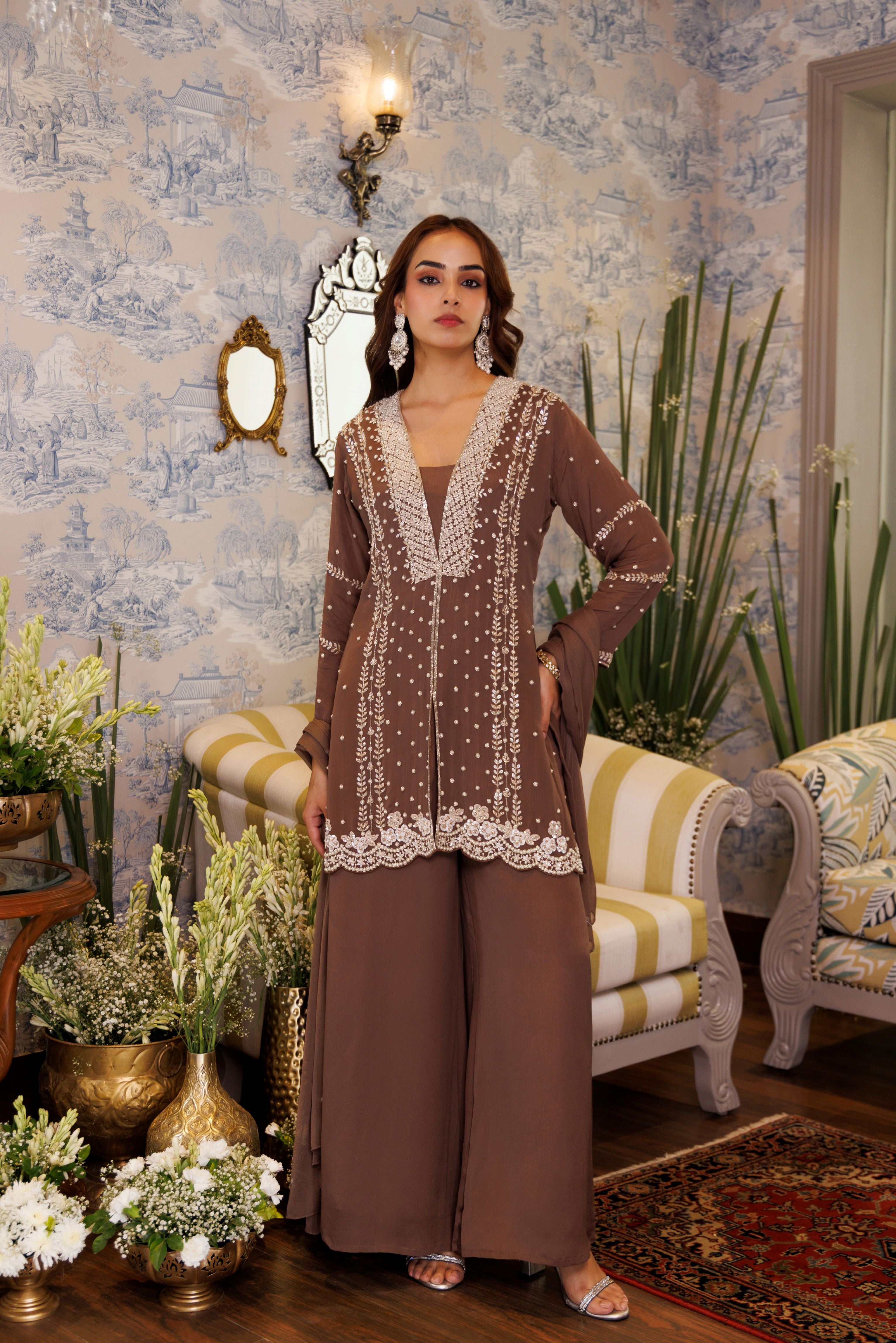 Maple Brown Embellished Crepe Silk Palazzo Set