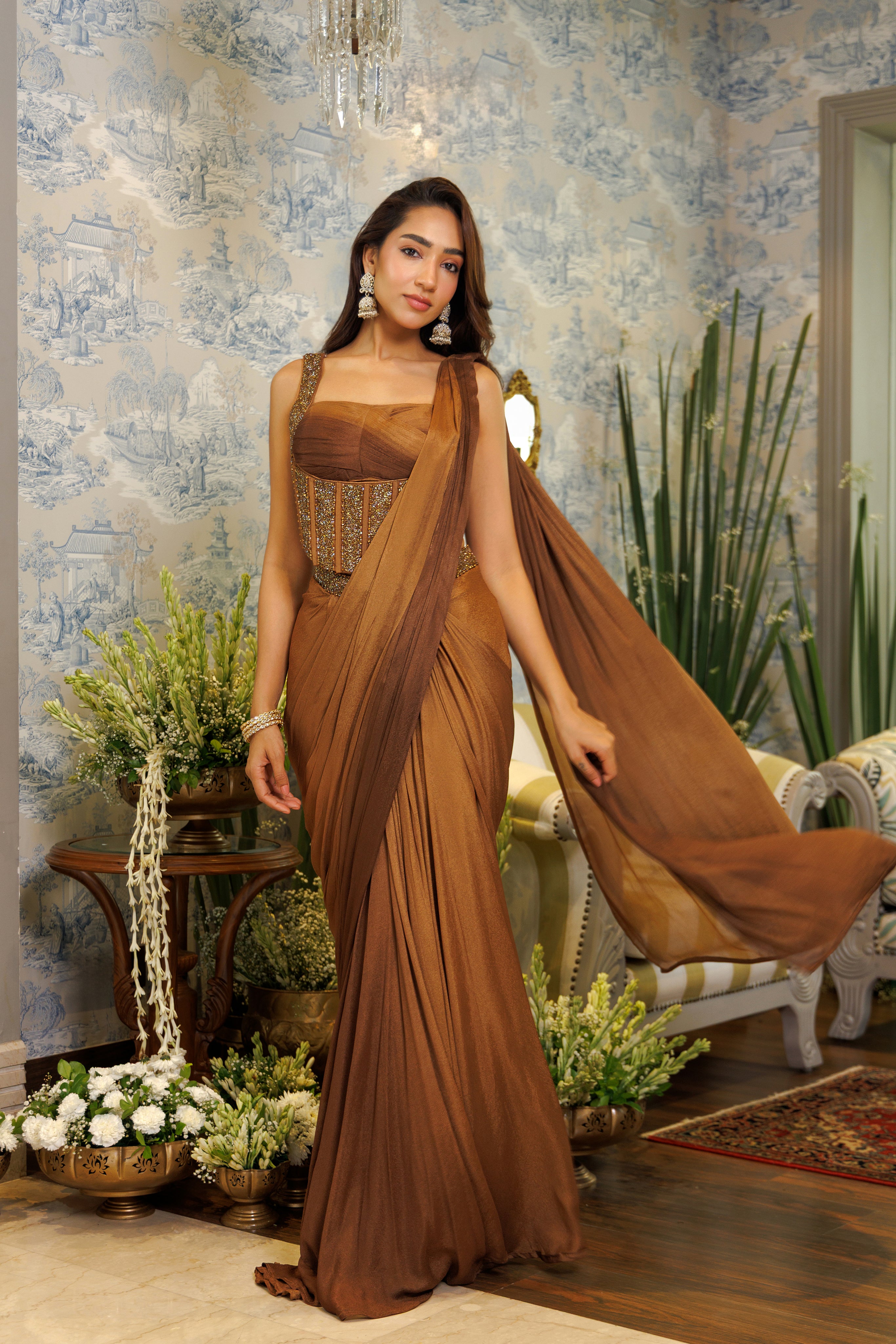 Mocha Corset Embellished Georgette Saree
