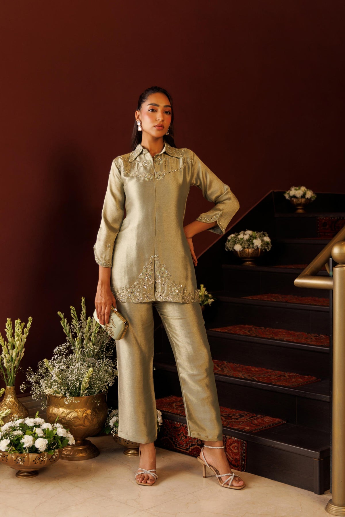 Sage Green Embellished Tissue Silk Pant Set