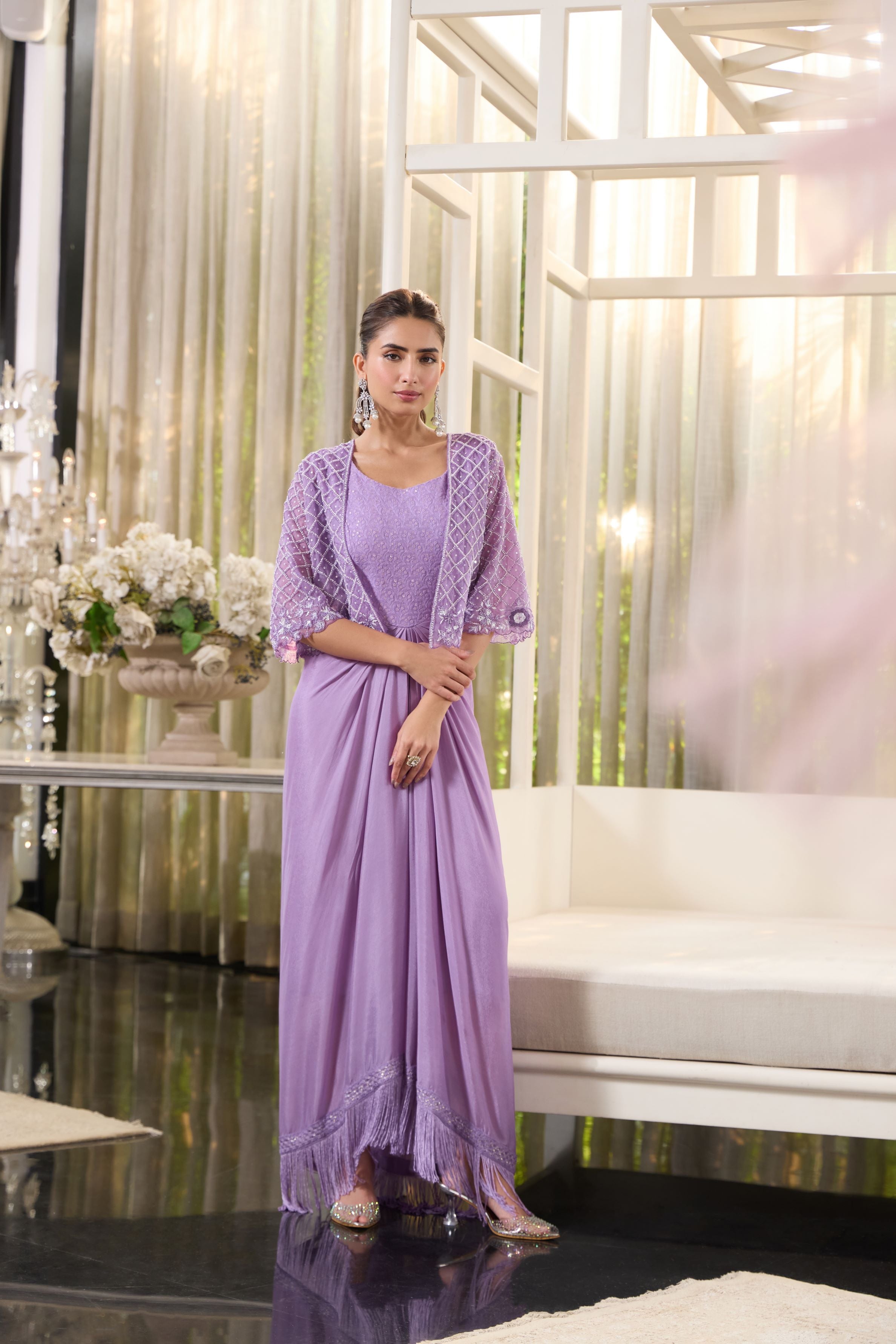 Lilac Embellished Italian Silk Jacket Gown