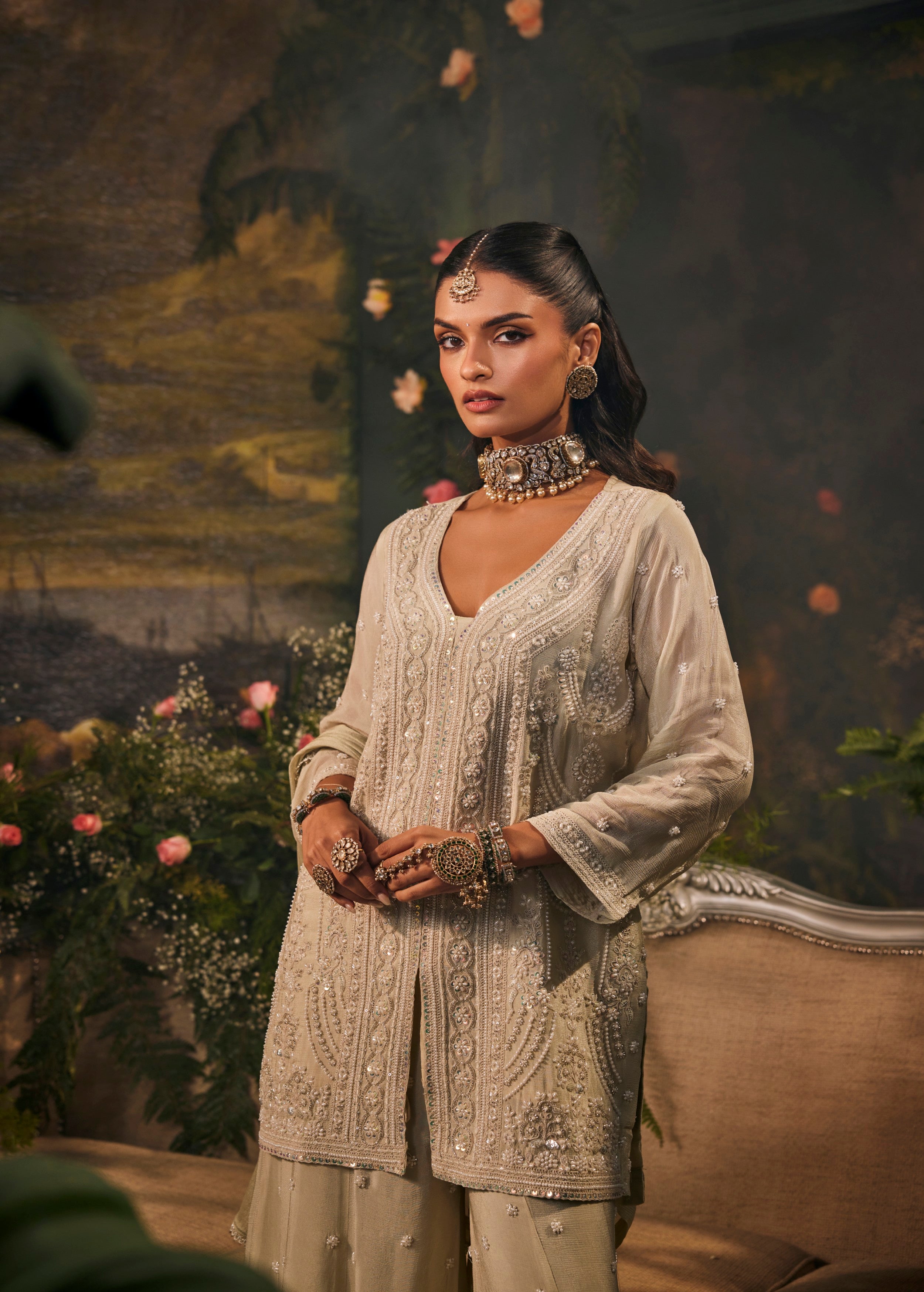 Pistachio Green Embellished Chinon Silk Palazzo Set