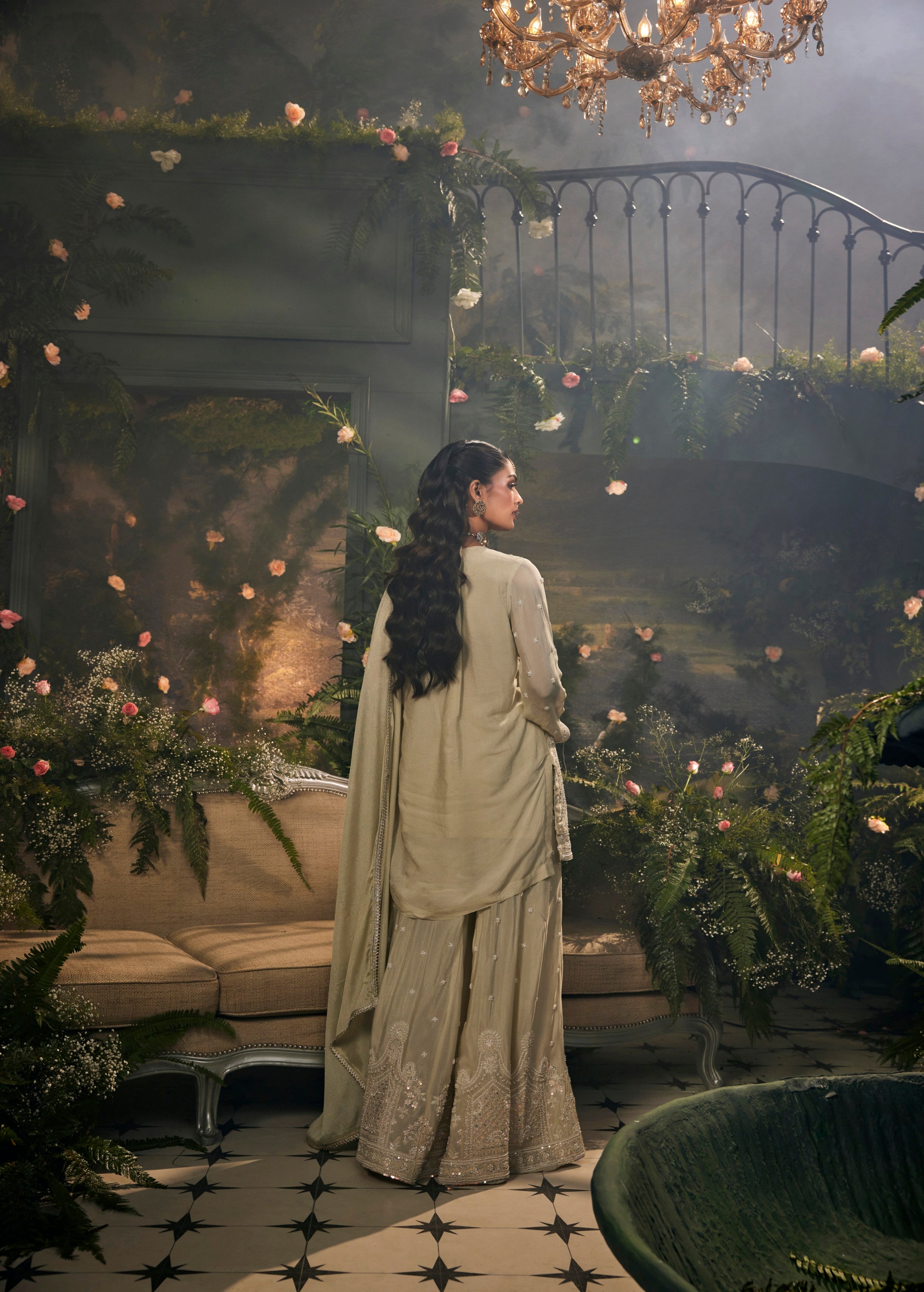 Pistachio Green Embellished Chinon Silk Palazzo Set