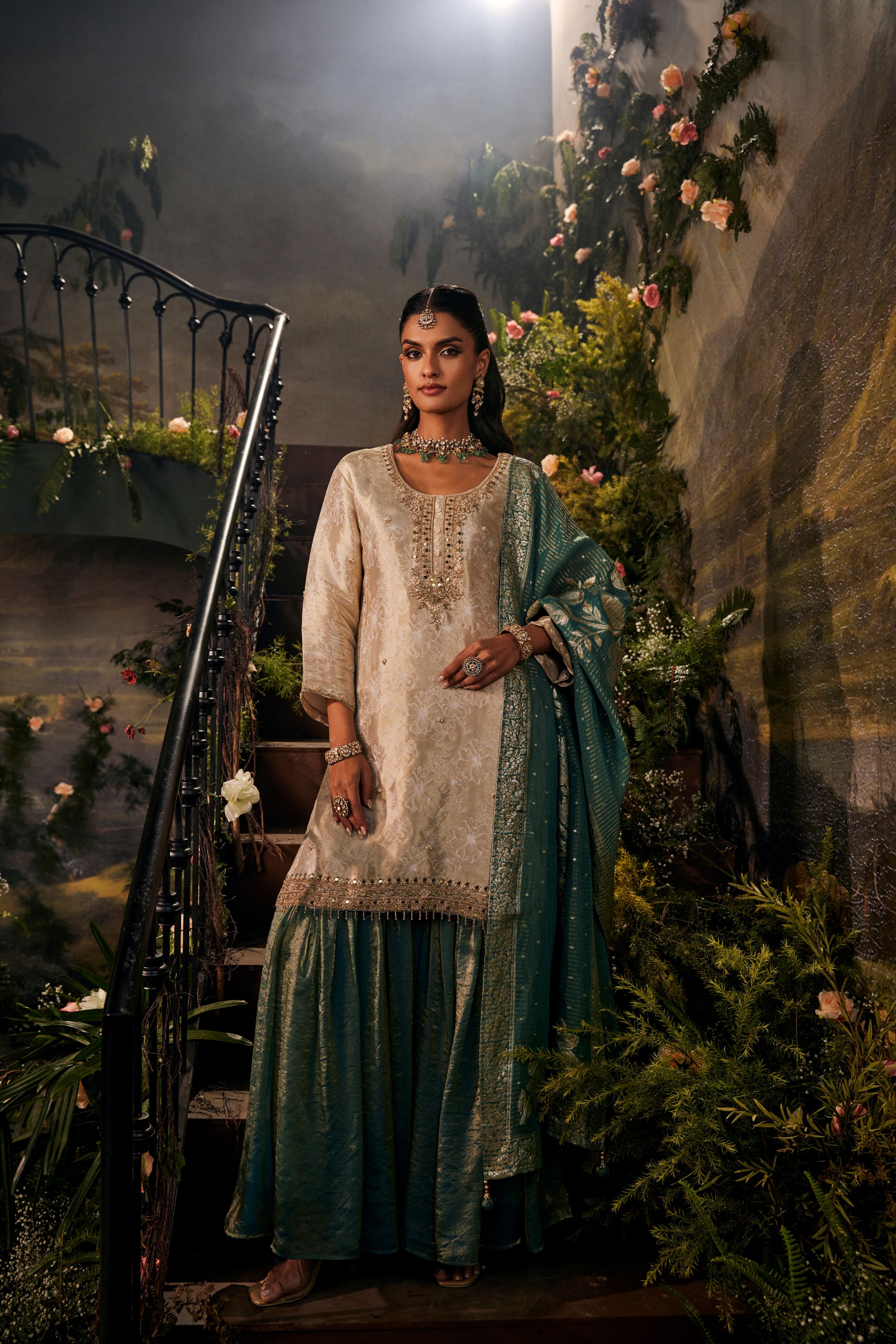 Cream Pearl Shimmer Brocade Silk Sharara Set