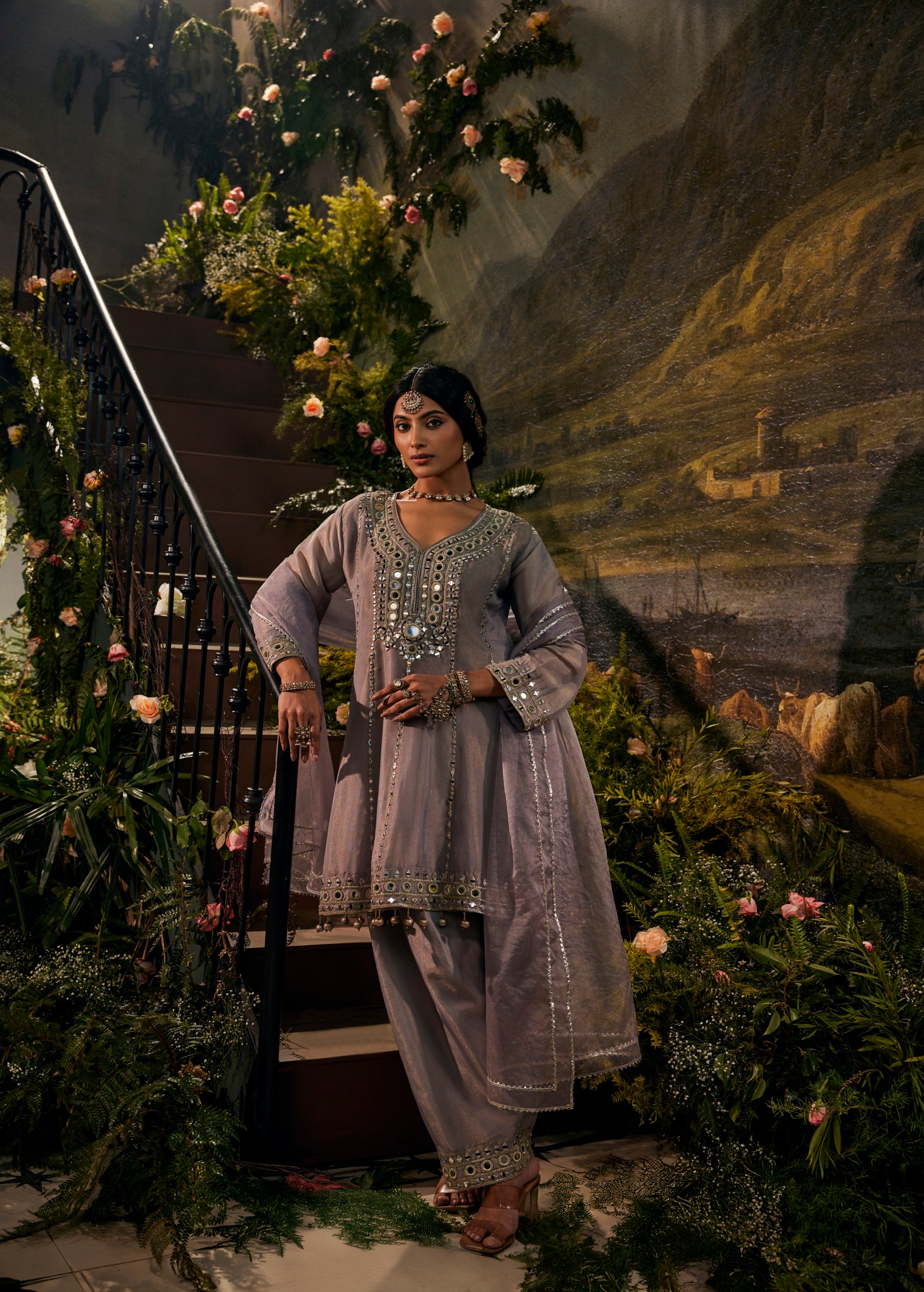 Slate Grey Embellished Shimmer Tissue Silk Palazzo Set
