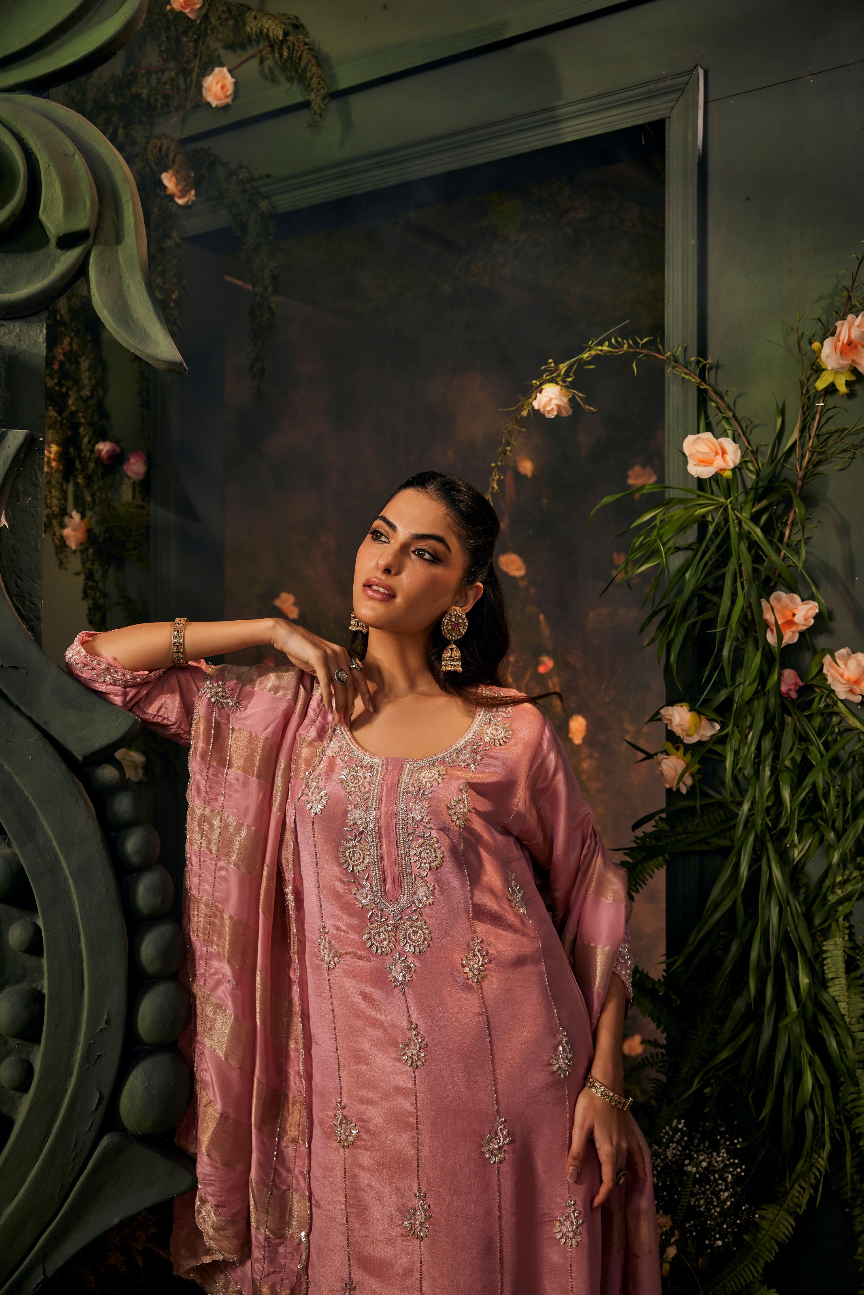 Salmon Pink Embellished Shimmer Tissue Pant Set