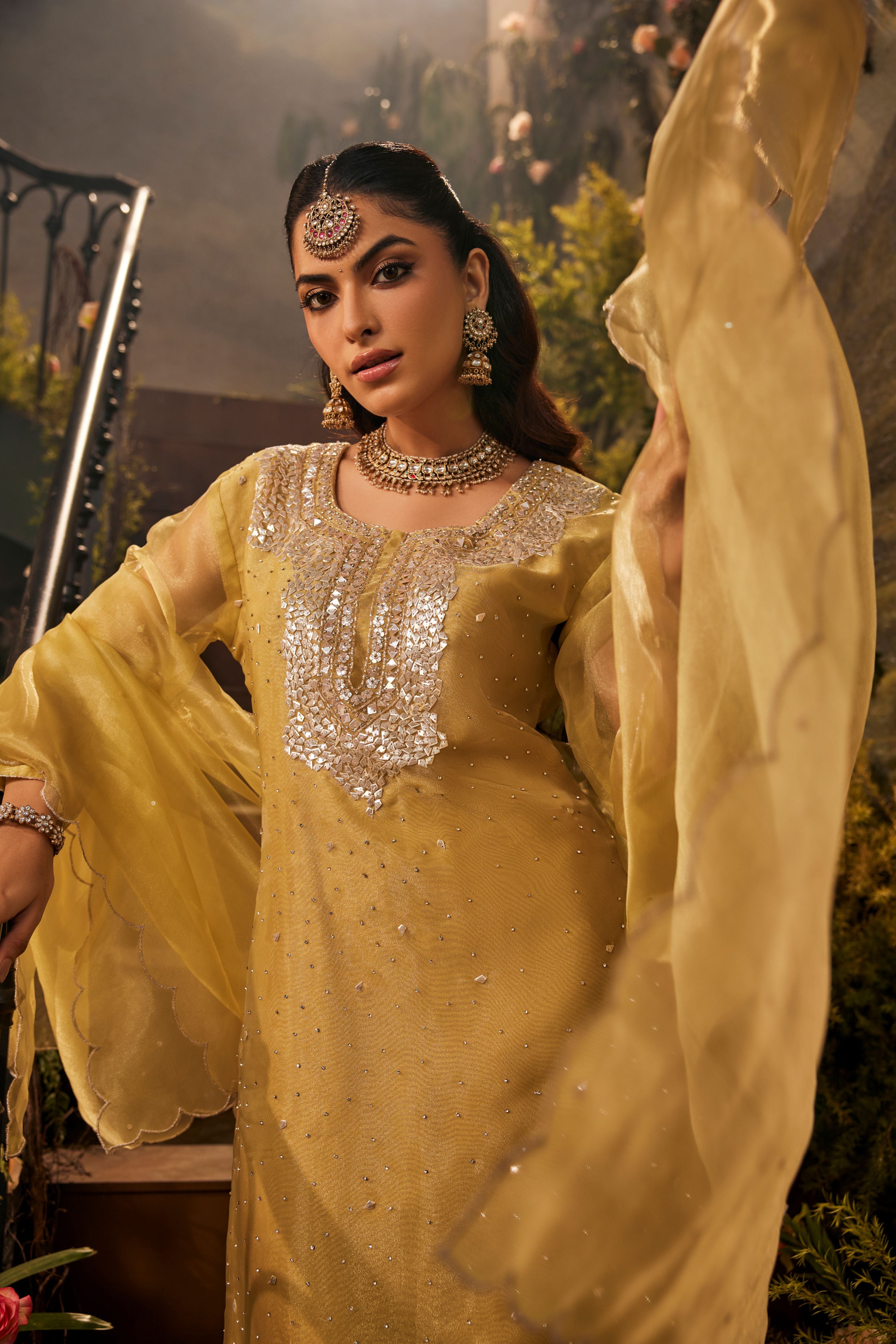 Pale Gold Embellished Shimmer Organza Pant Set