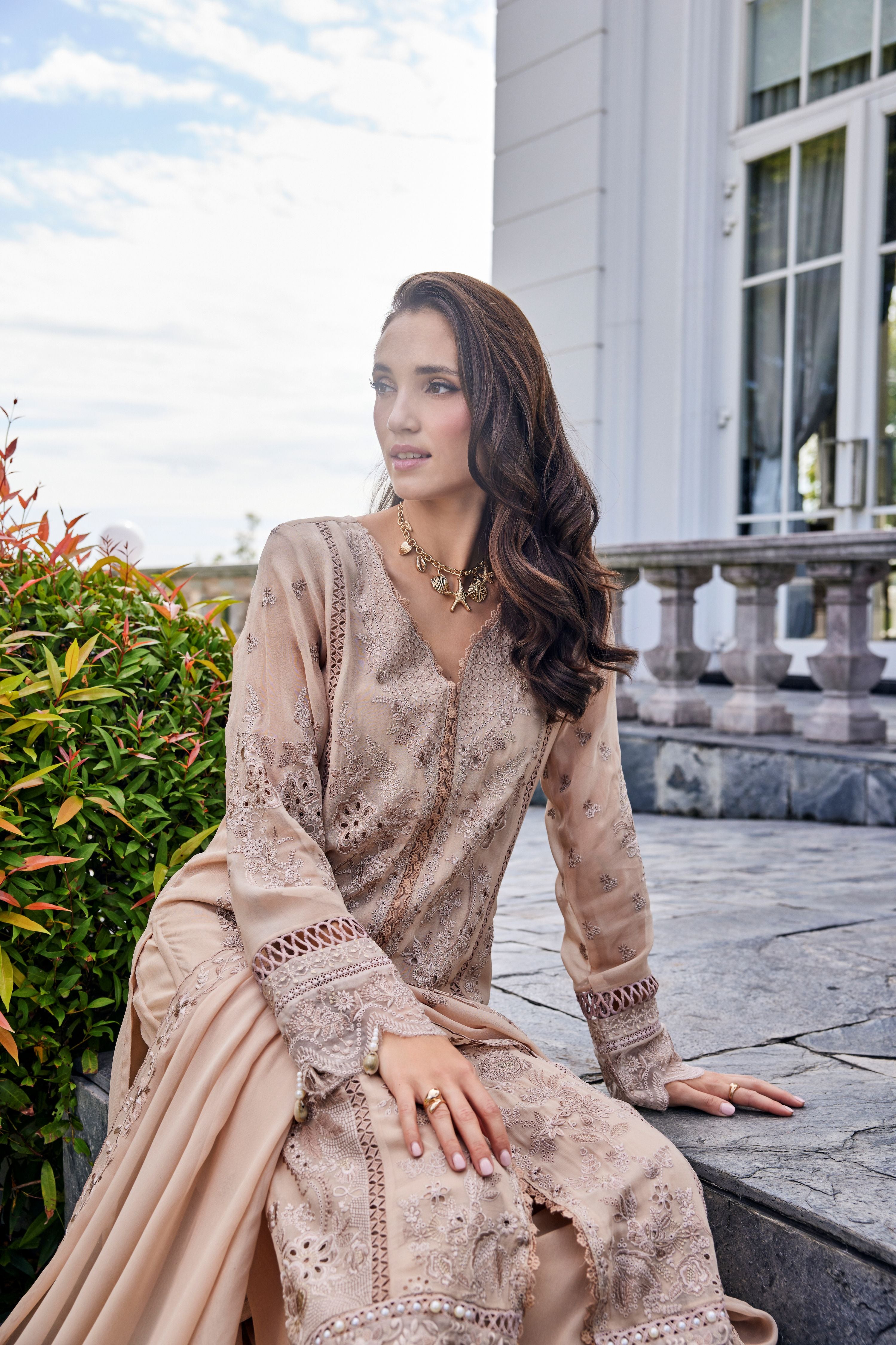 Dune Glow Embroidered Georgette Silk Palazzo Set