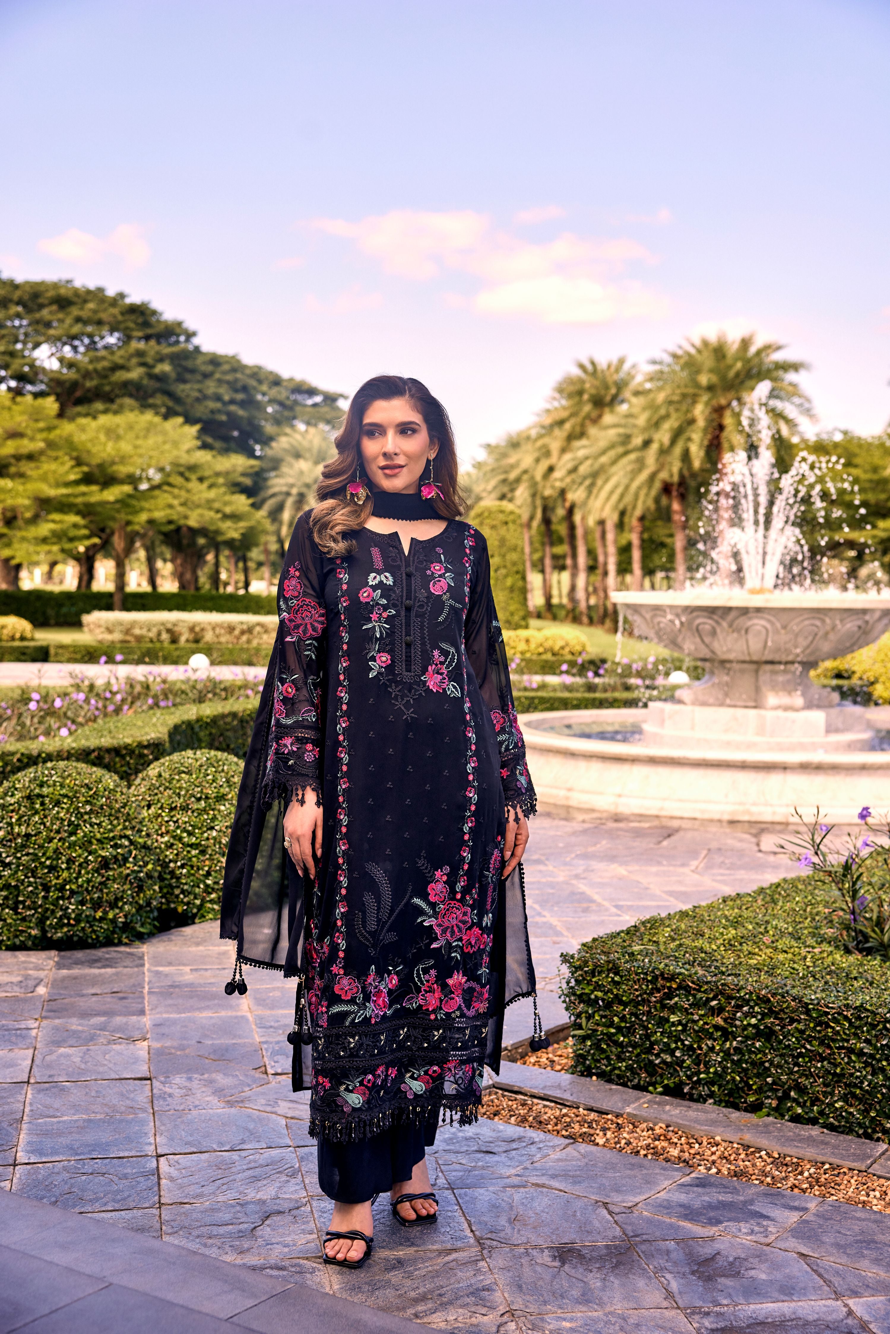 Black Embroidered Georgette Silk Palazzo Set