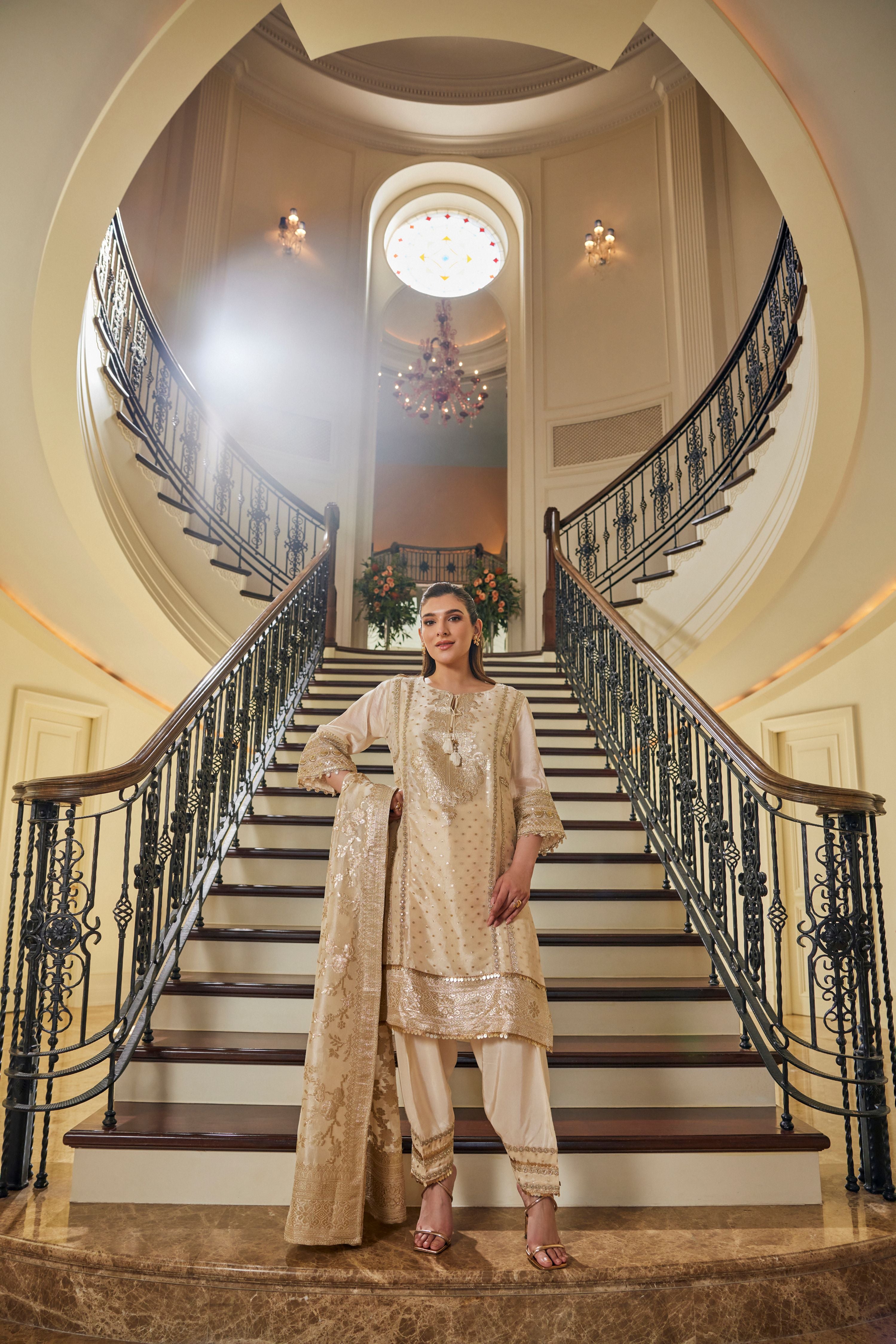 Ivory Regal Embellished Soft Organza Pant Set