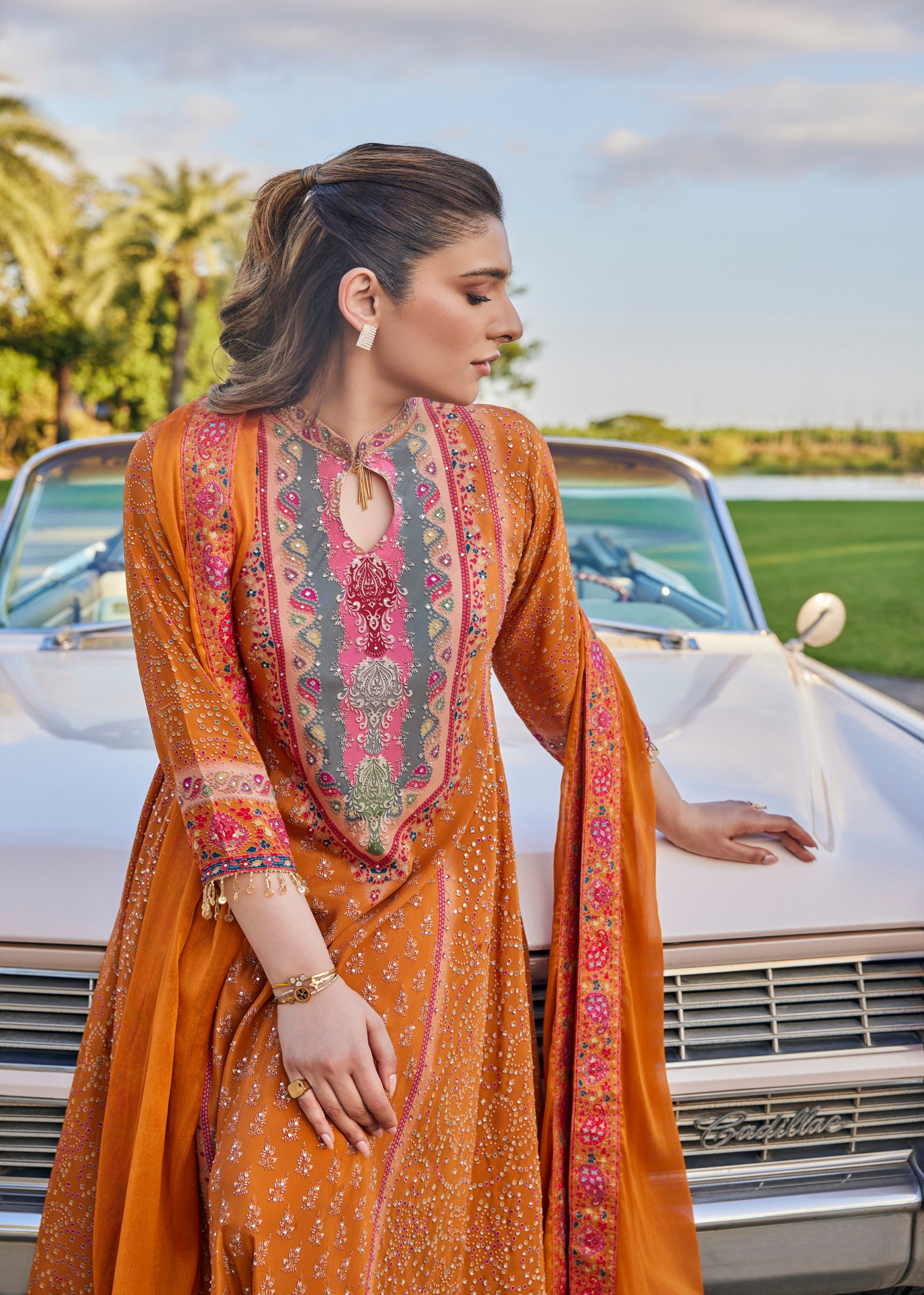 Rust Orange Embellished Muslin Silk Anarkali Set