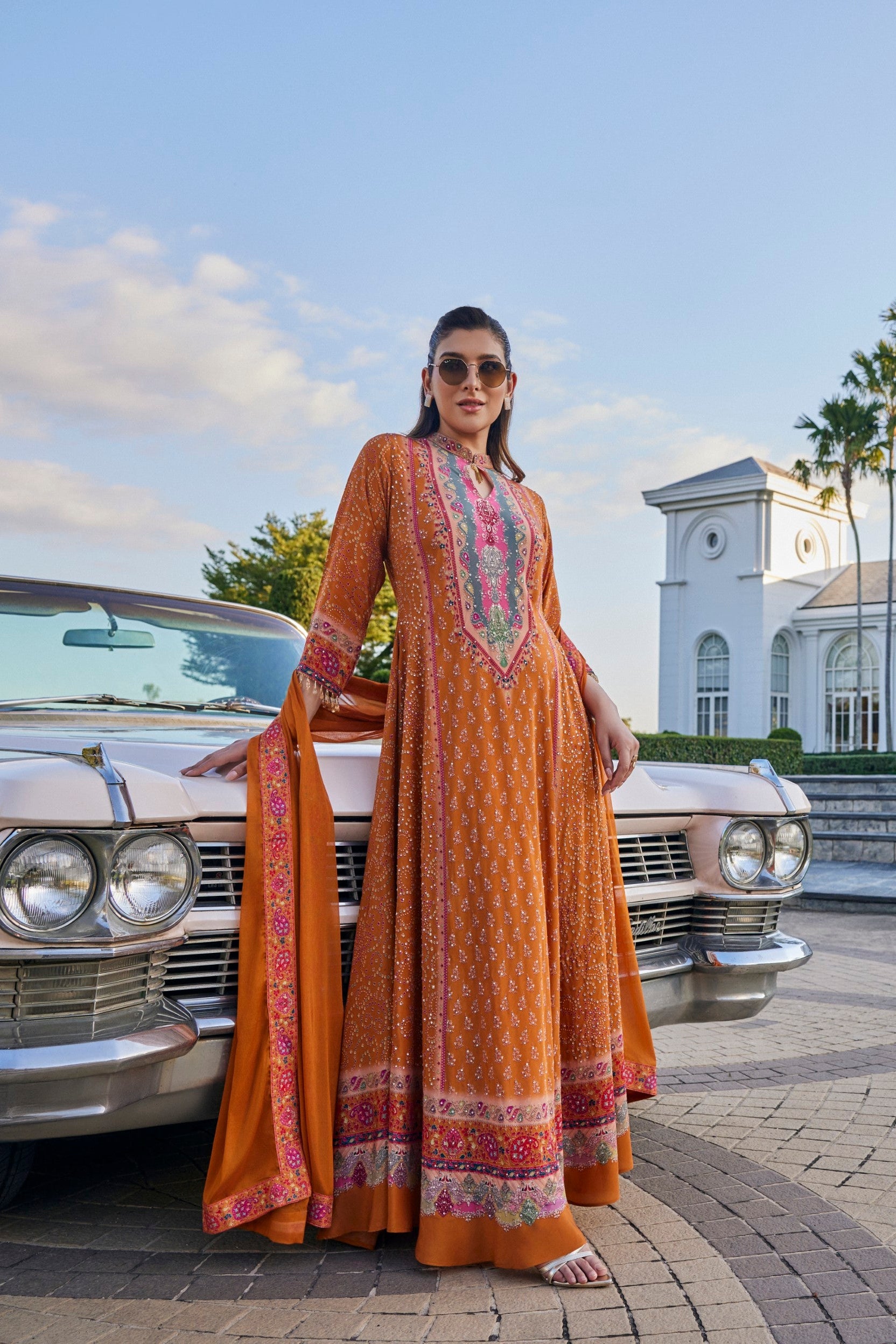 Rust Orange Embellished Muslin Silk Anarkali Set