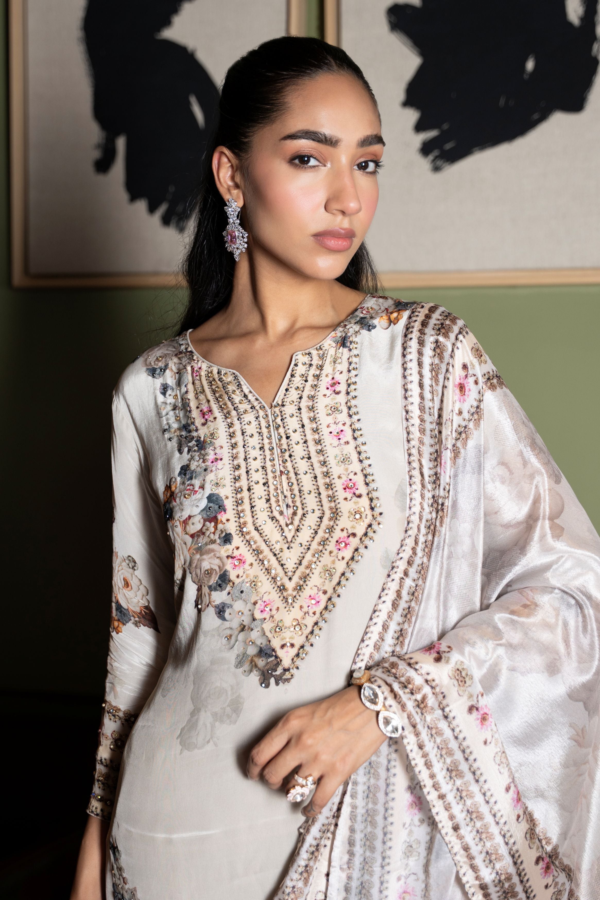 Ivory White Embellished Crepe Silk Sharara Set