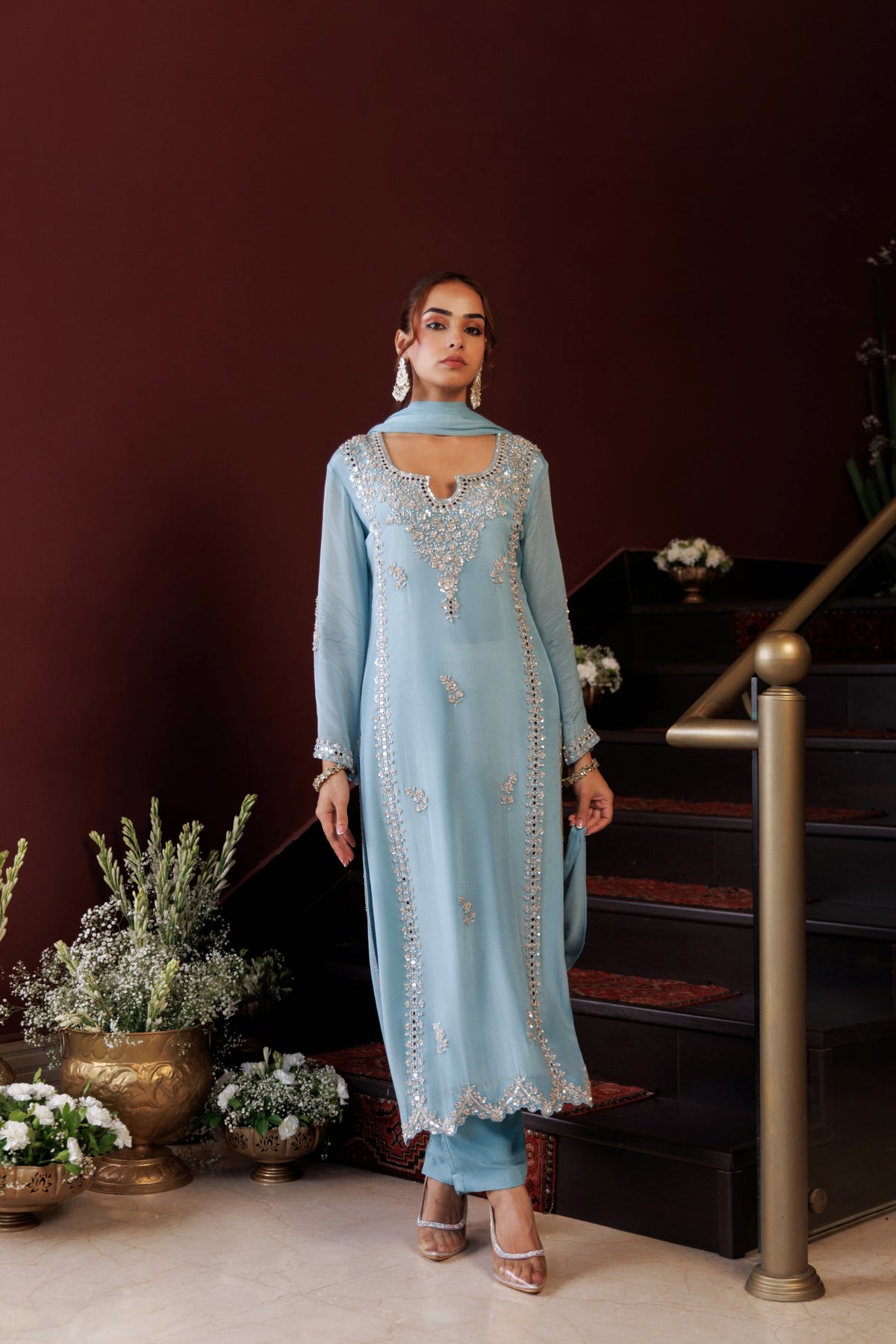 Sky Blue Embellished Chinon Silk Pant Set