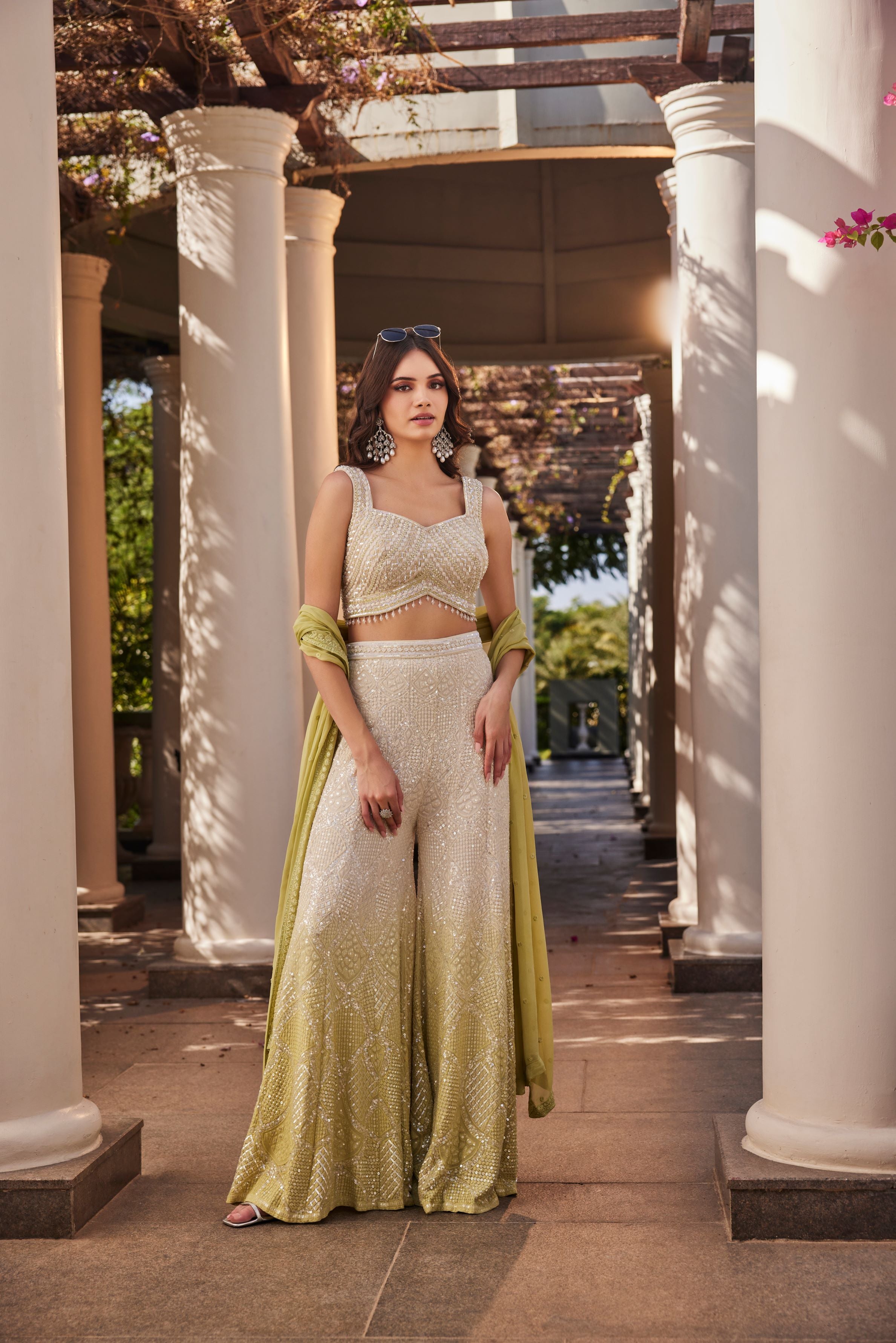 Pastel Green Ombre-Dyed Georgette Silk Palazzo Set