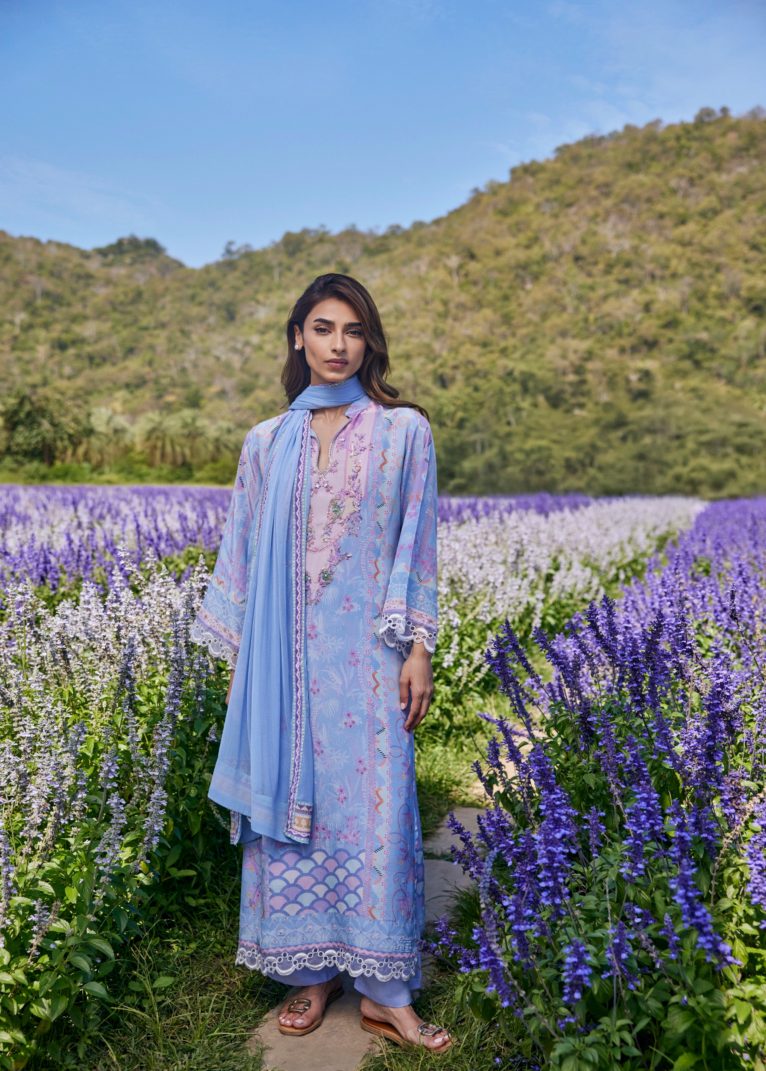 Powder Blue Embellished Crepe Silk Pant Set