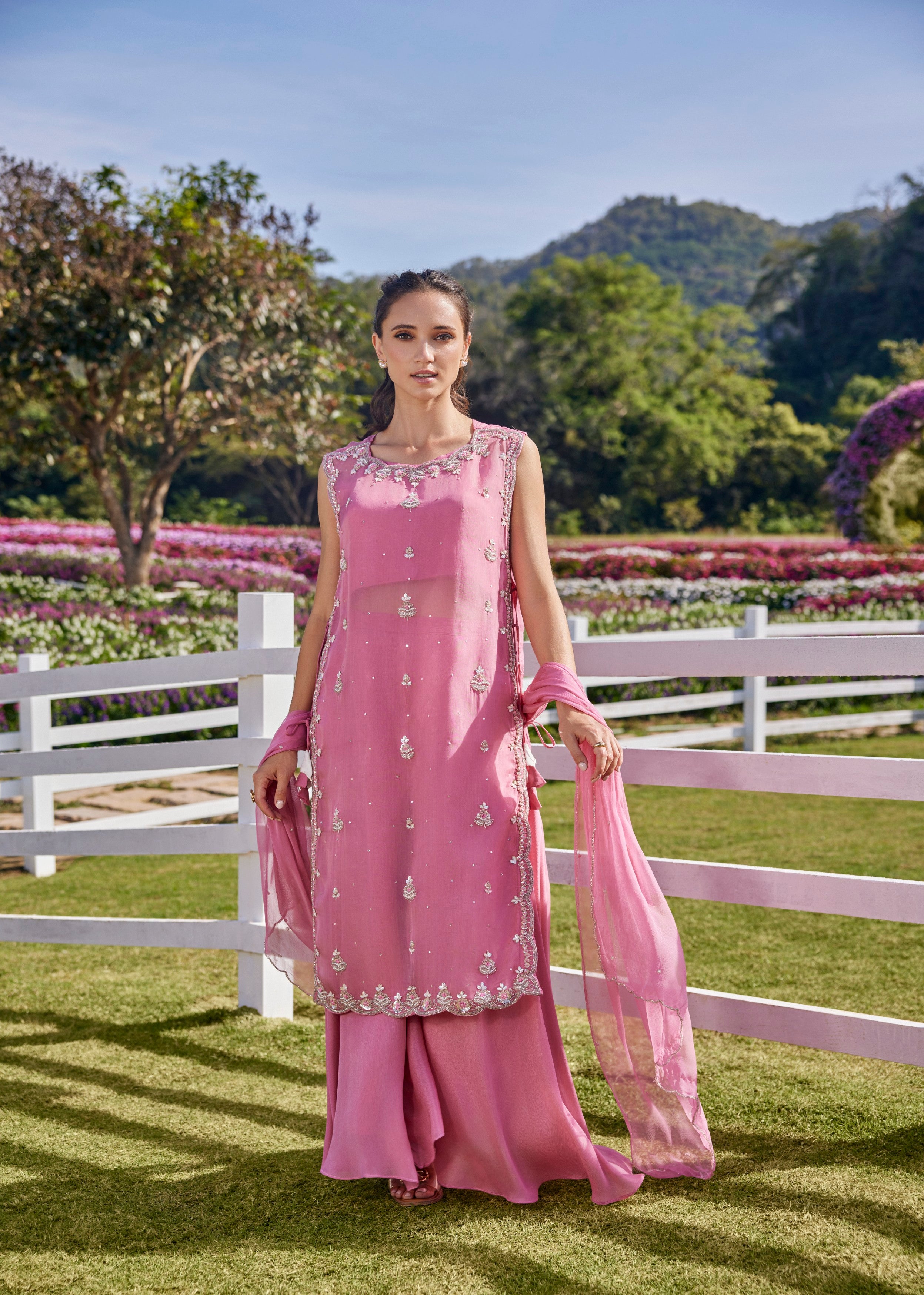 Pop Pink Embellished Soft Organza Palazzo Set