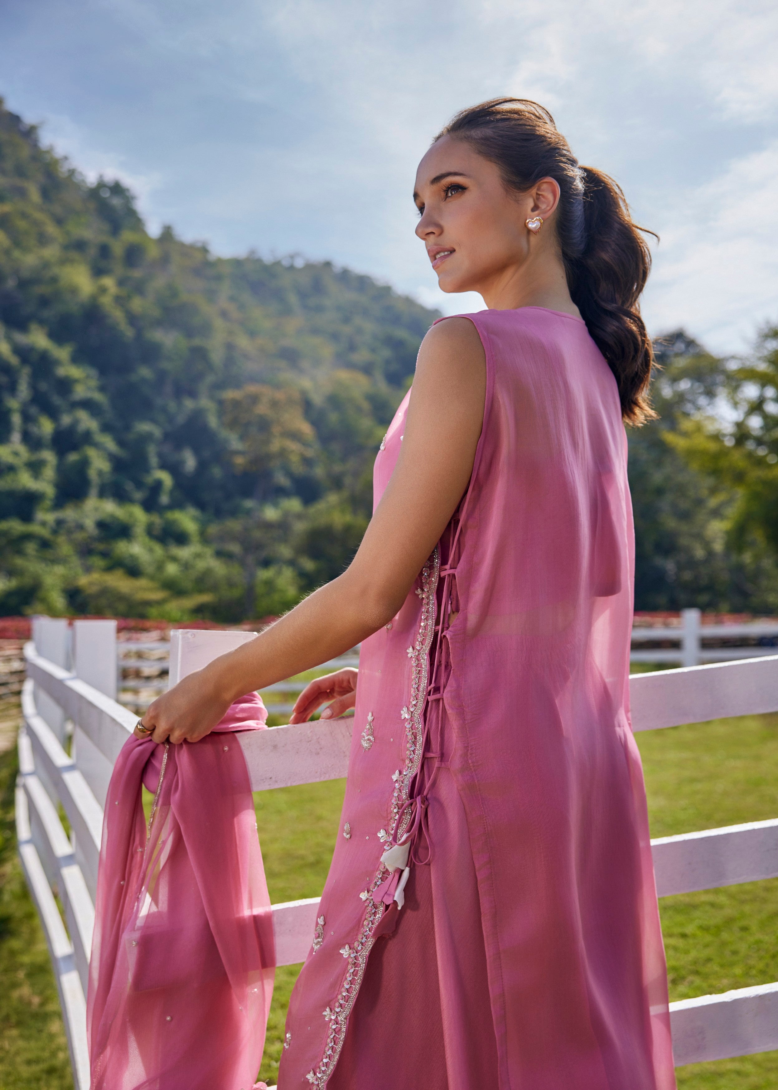 Pop Pink Embellished Soft Organza Palazzo Set