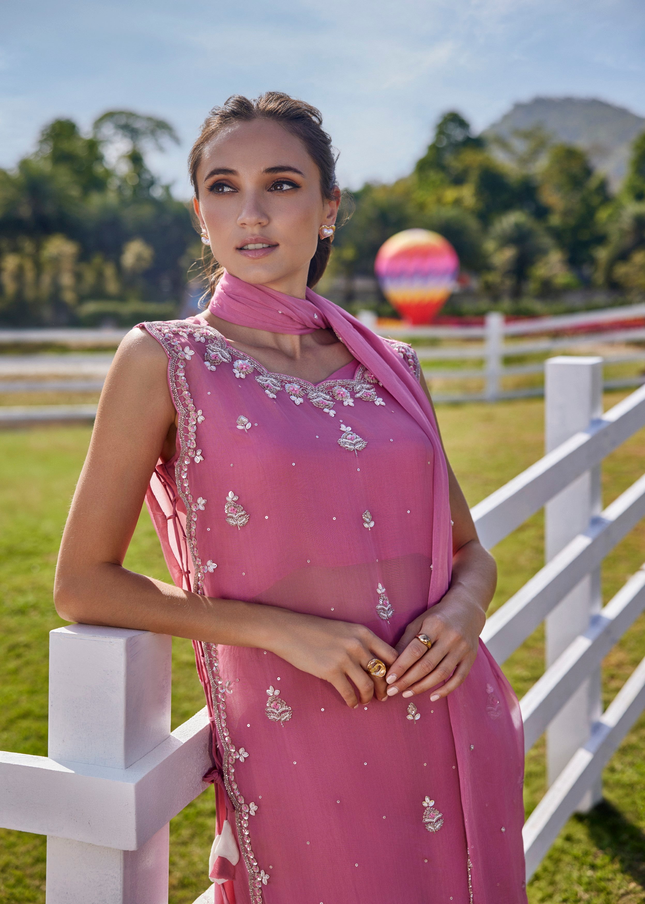 Pop Pink Embellished Soft Organza Palazzo Set