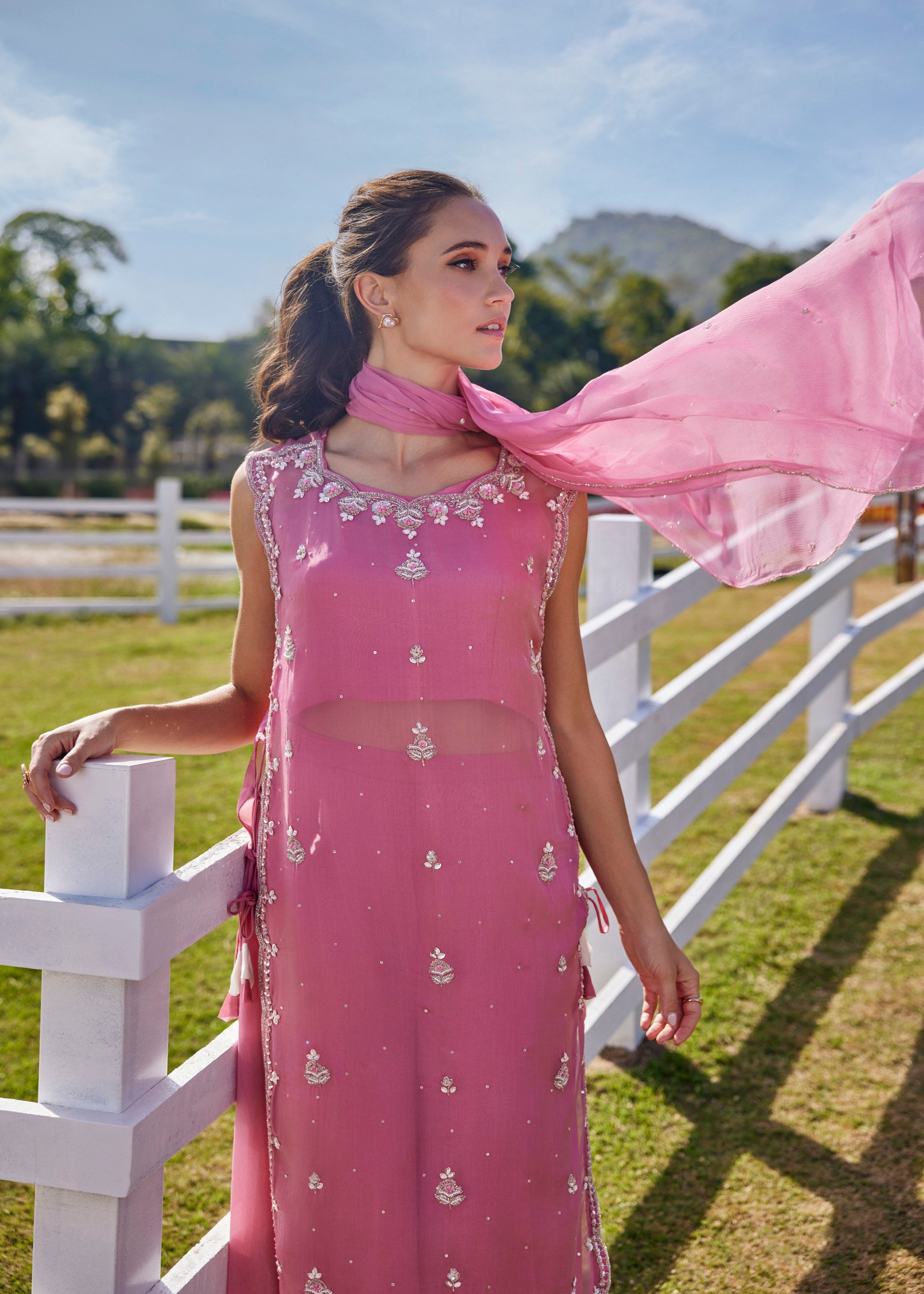 Pop Pink Embellished Soft Organza Palazzo Set