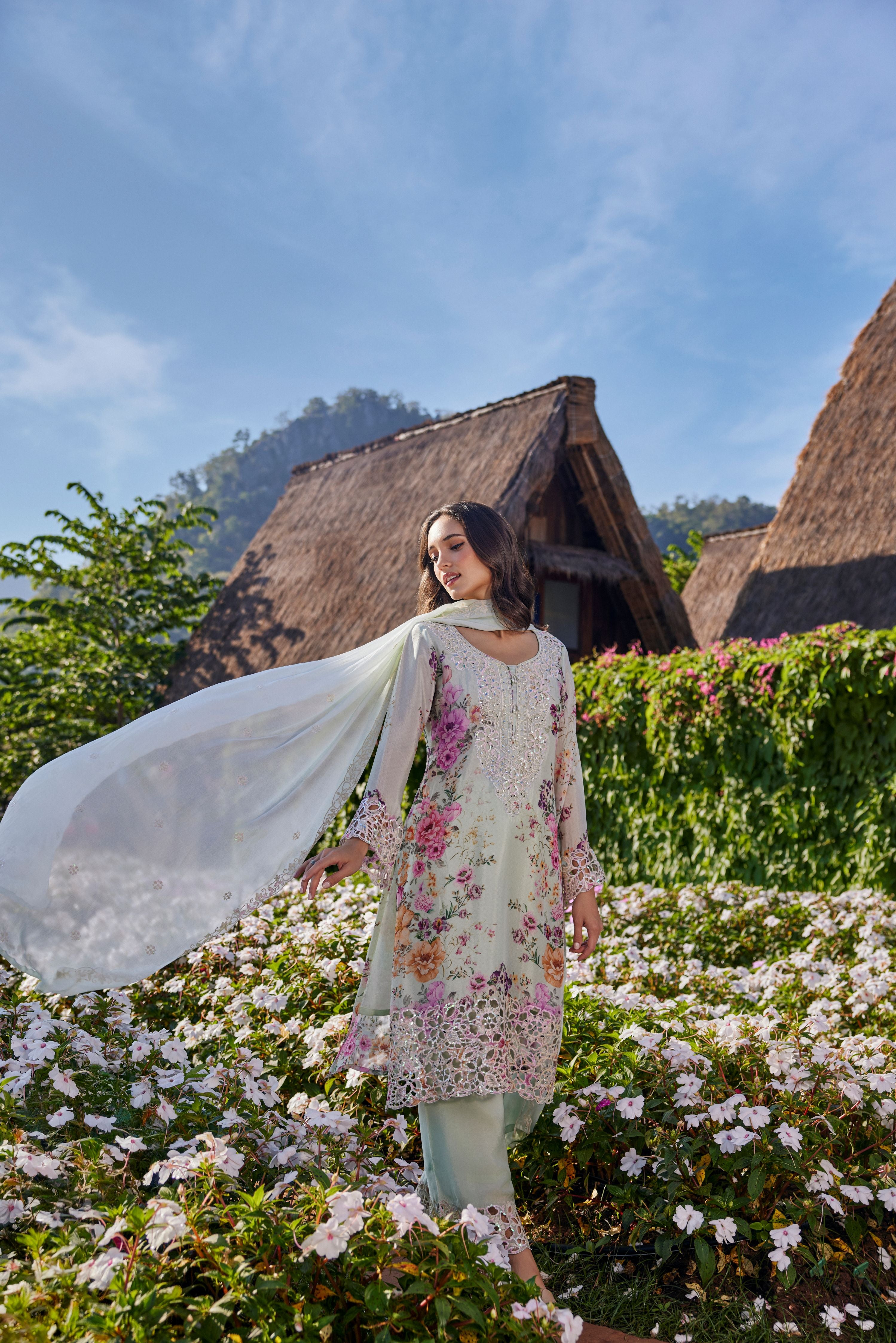 Light Sage Embellished Crepe Silk Palazzo Set