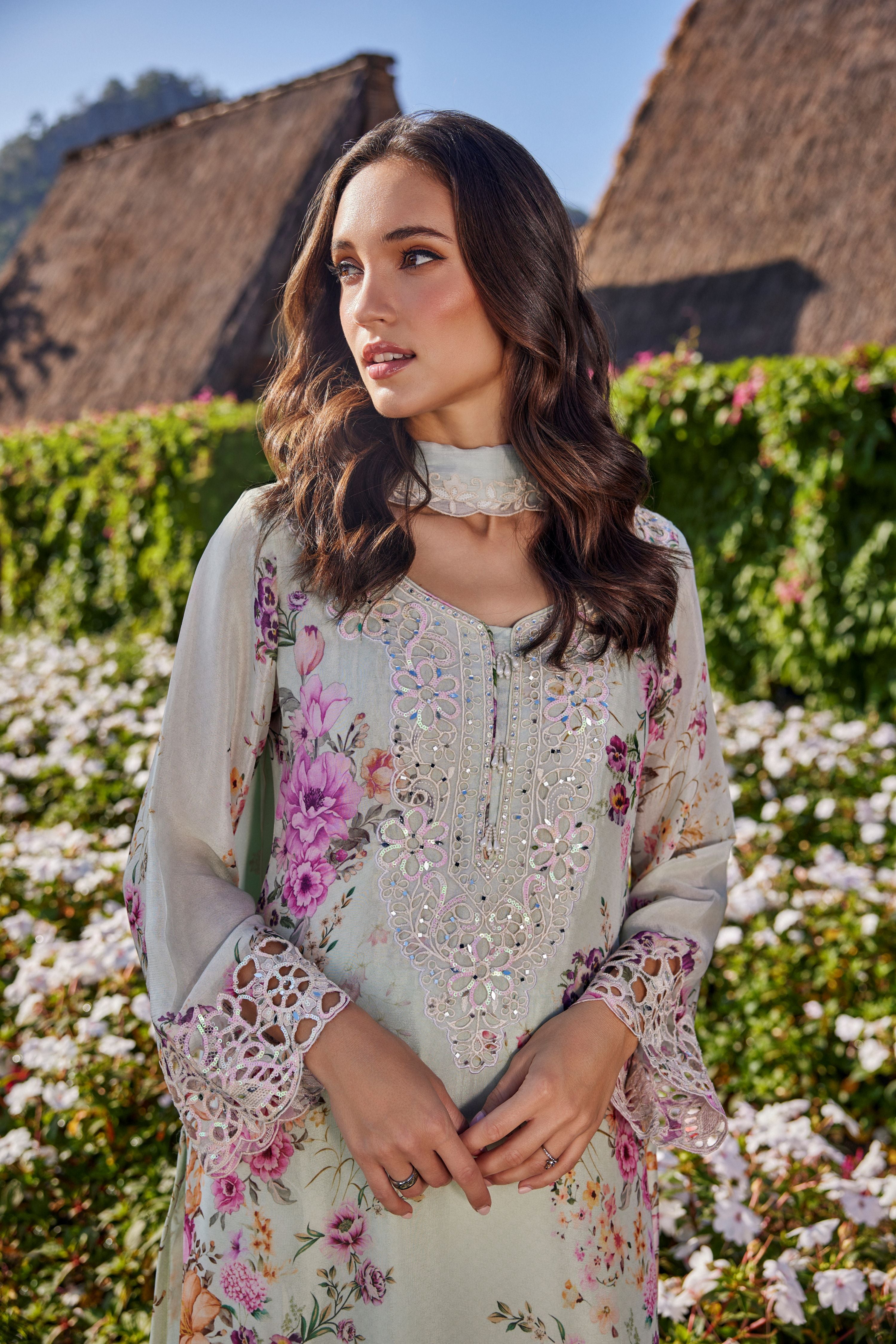 Light Sage Embellished Crepe Silk Palazzo Set