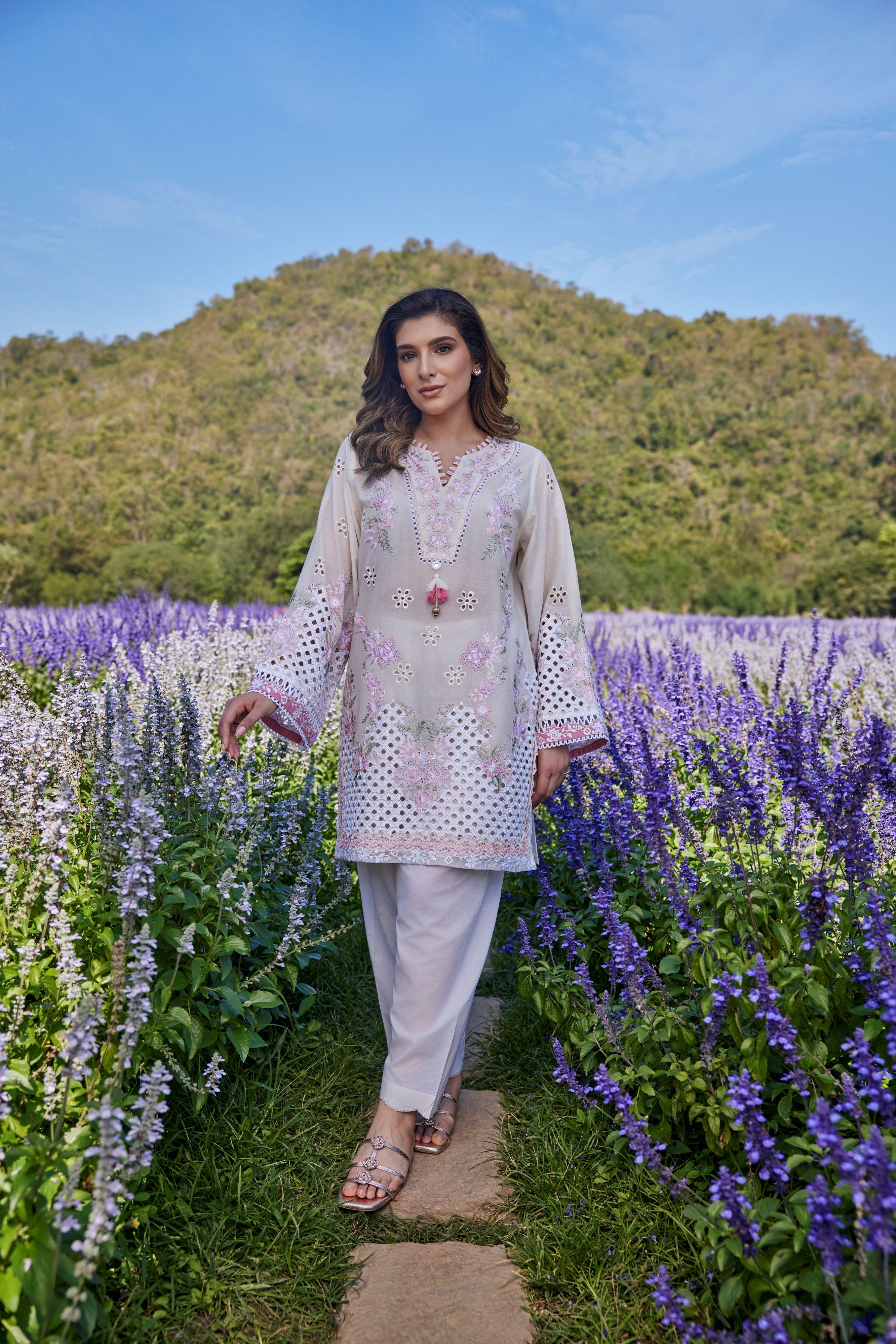 Ivory Lavender Embroidered Cotton Kurta Set