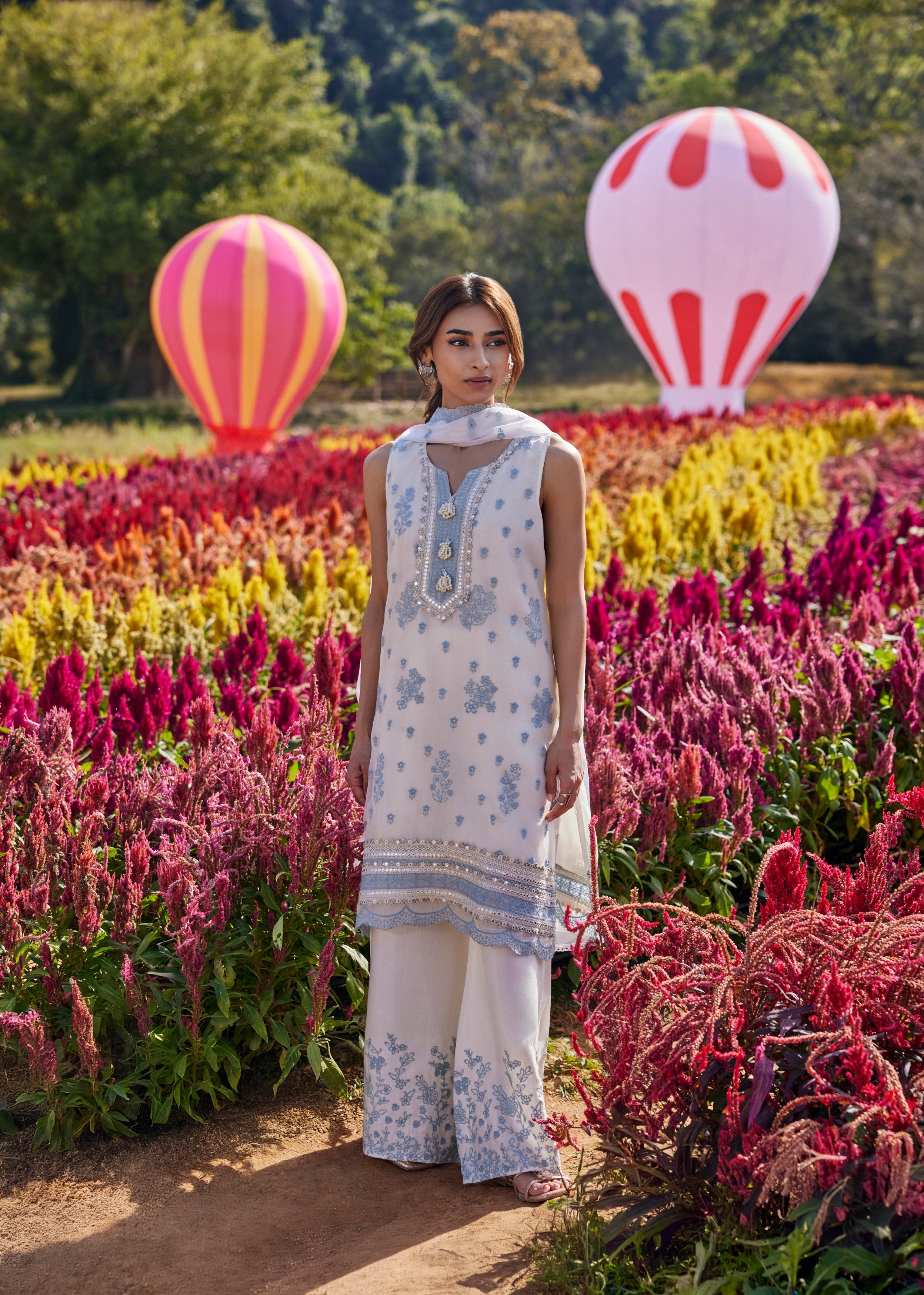 Off-White Embroidered Organza Silk Pant Set