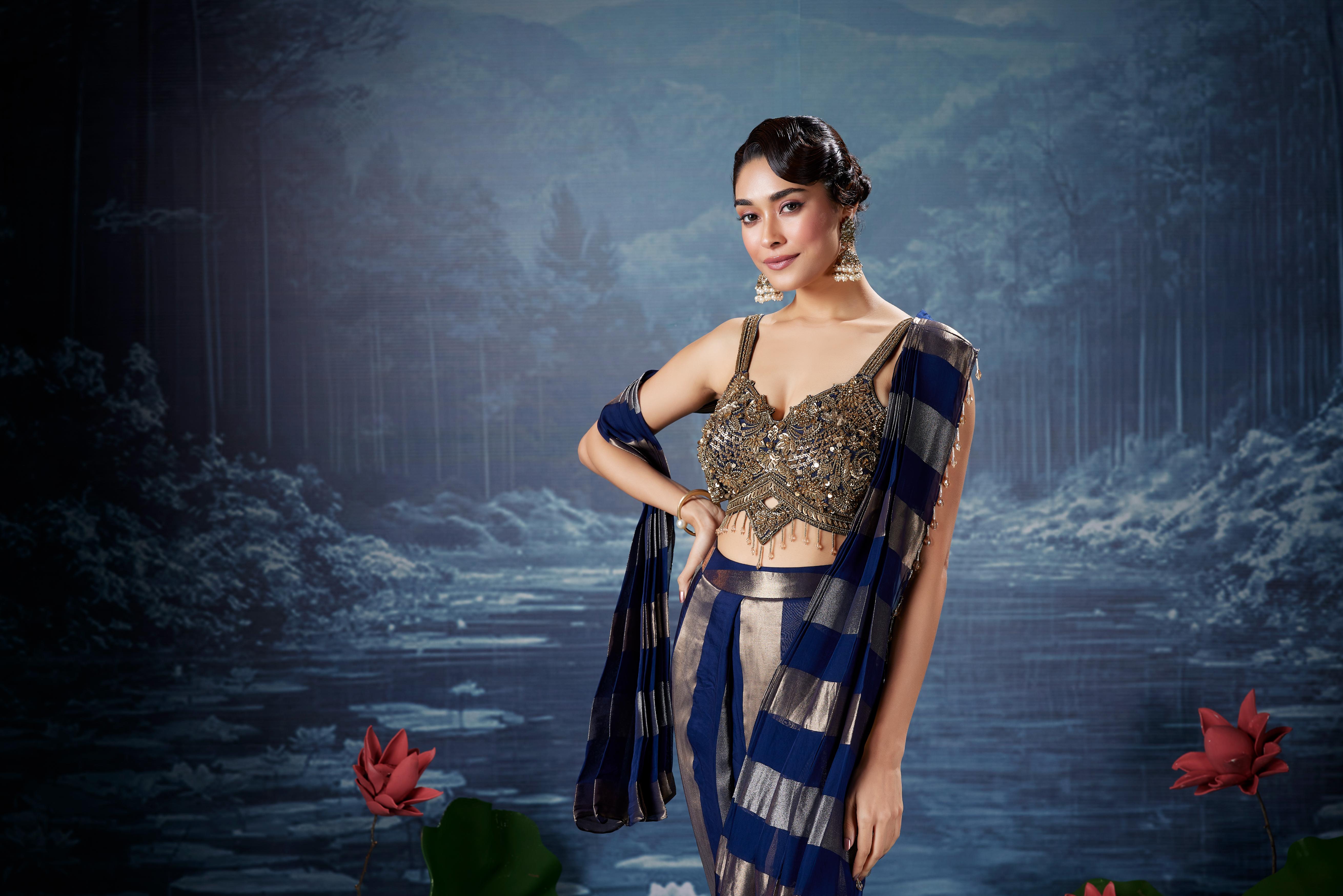 Navy Blue Embellished Shimmer Tissue Silk Drape Saree