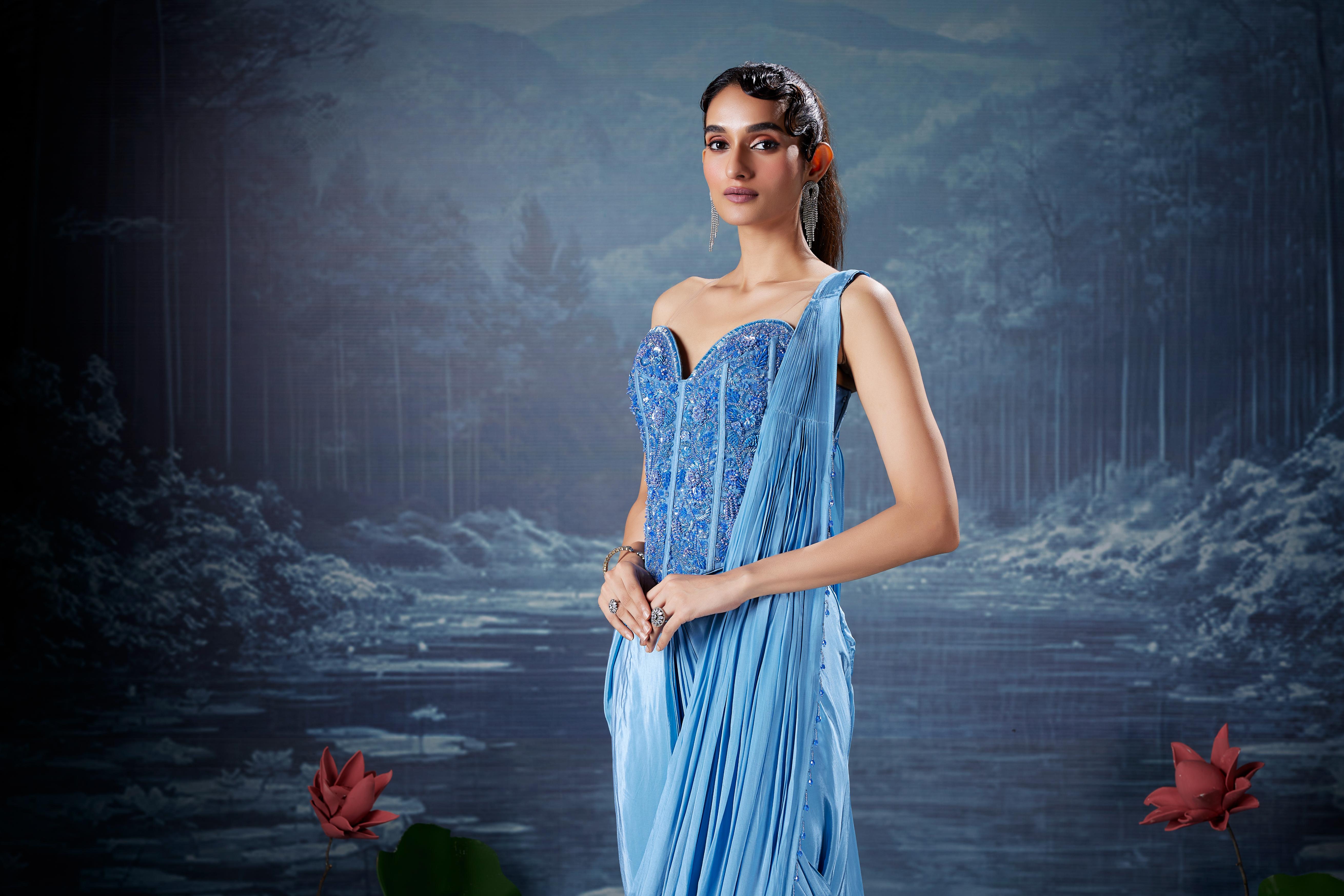 Sky Blue Embellished Satin Silk Drape Saree