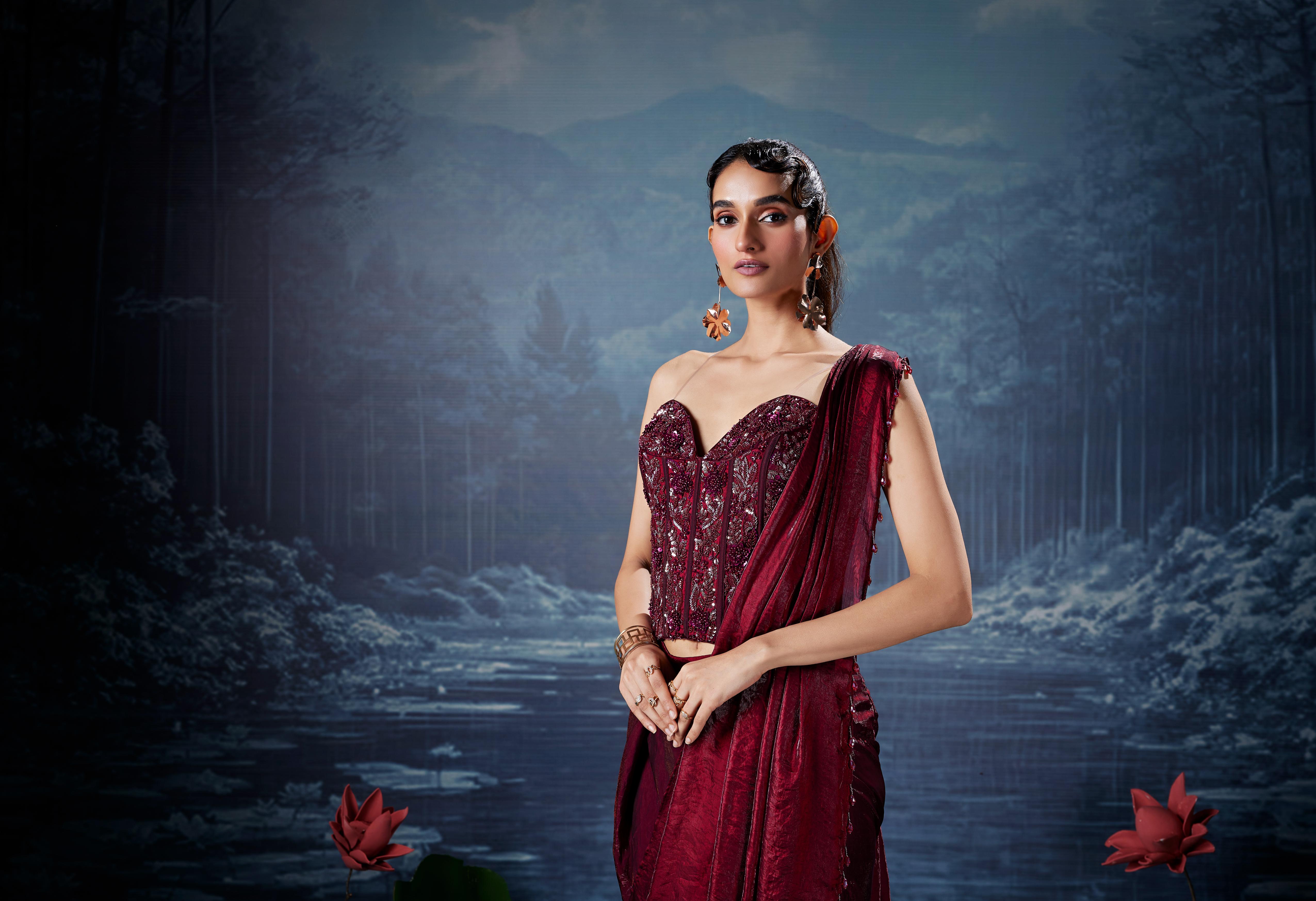 Ruby Red Embellished Satin Silk Drape Saree