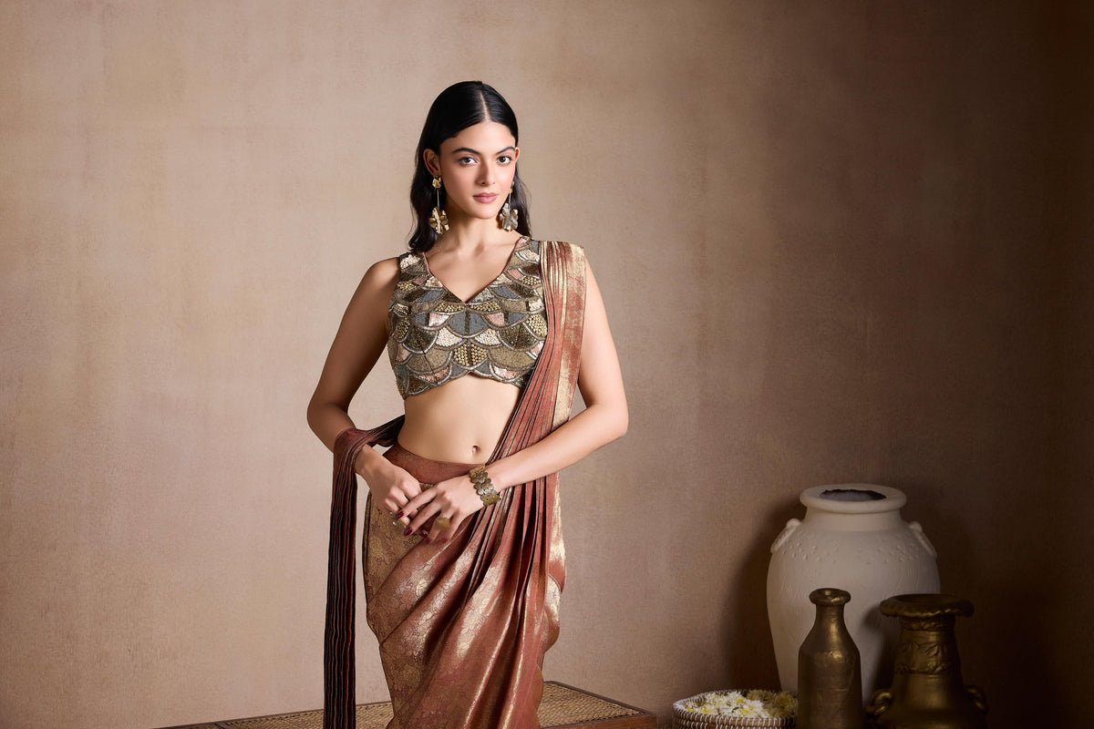 Metallic Copper Embellsihed Brocade Silk Saree