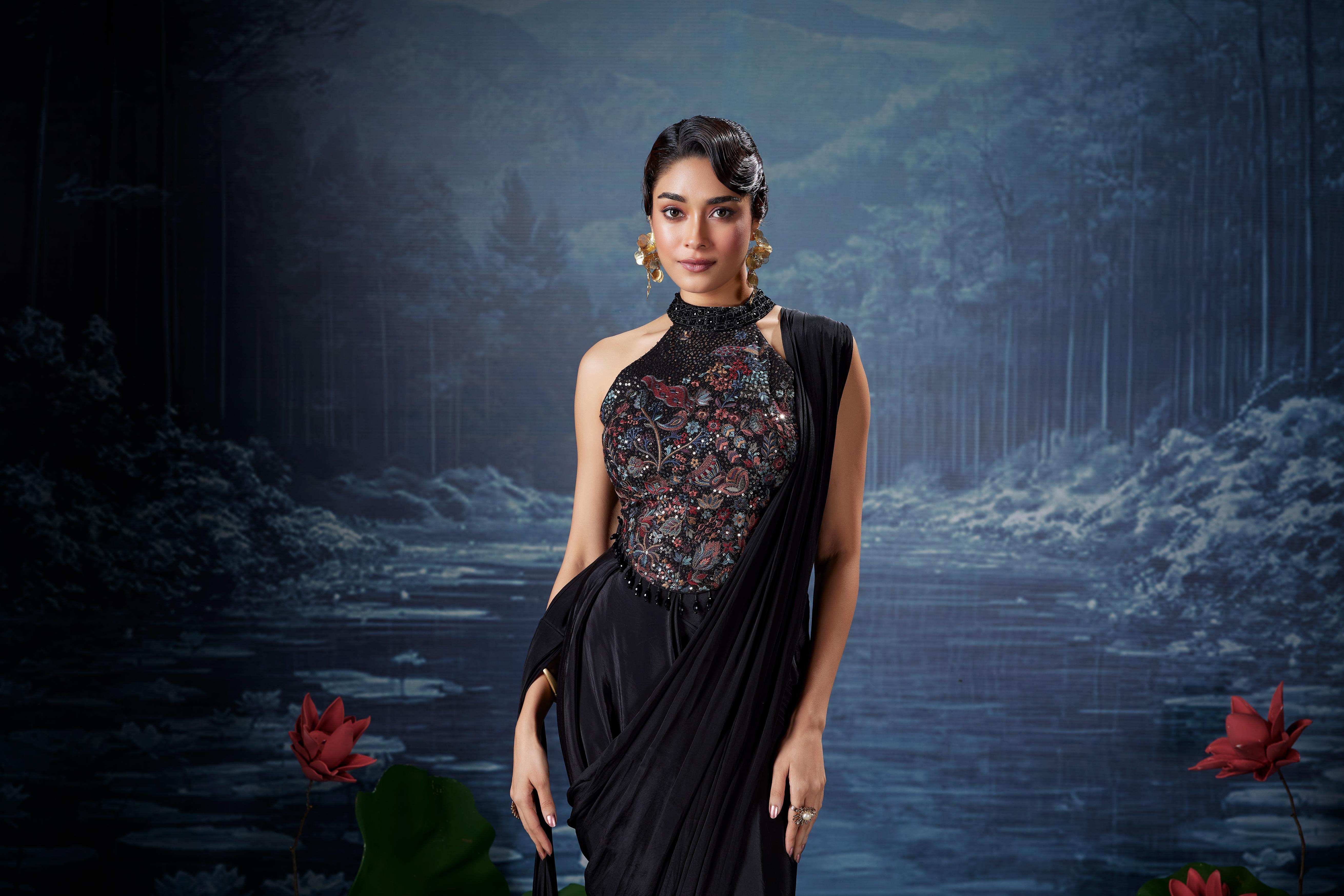 Classic Black Embellished Satin Silk Drape Saree