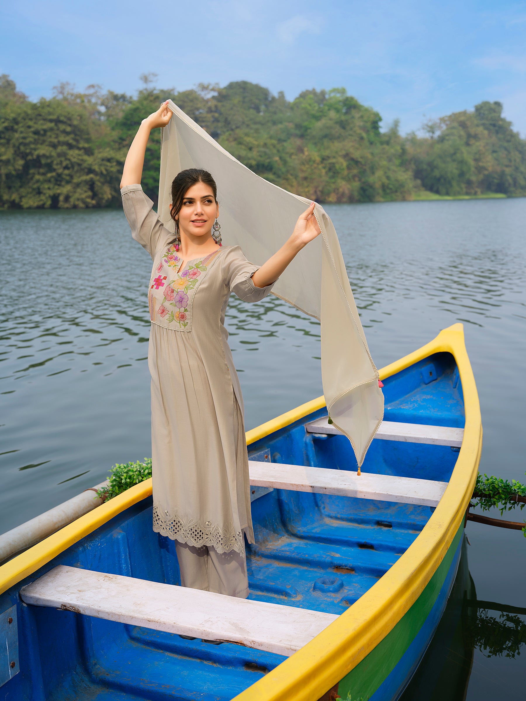 Dusty Taupe Floral Embroidered Chanderi Silk Pant Set