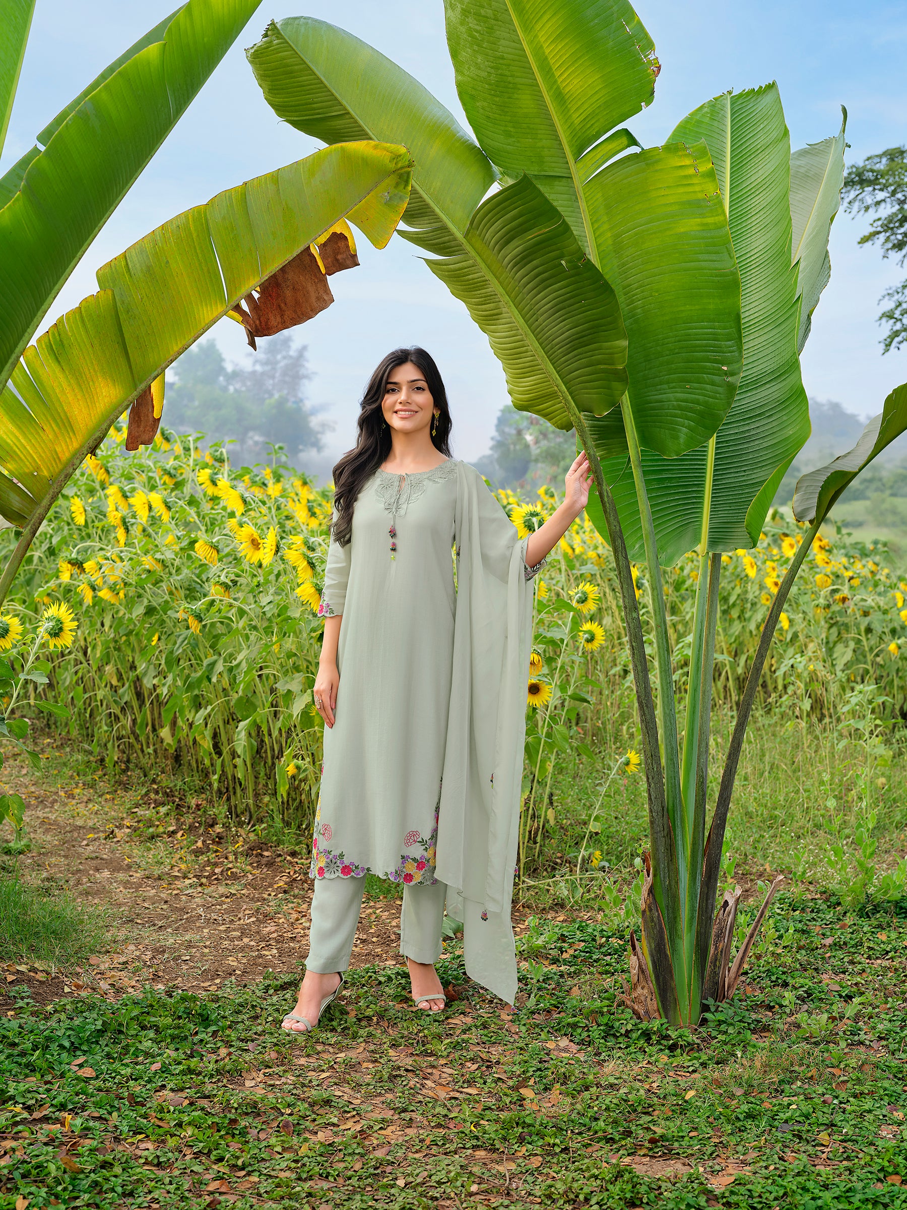 Sage Green Floral Embroidered Chanderi Silk Pant Set