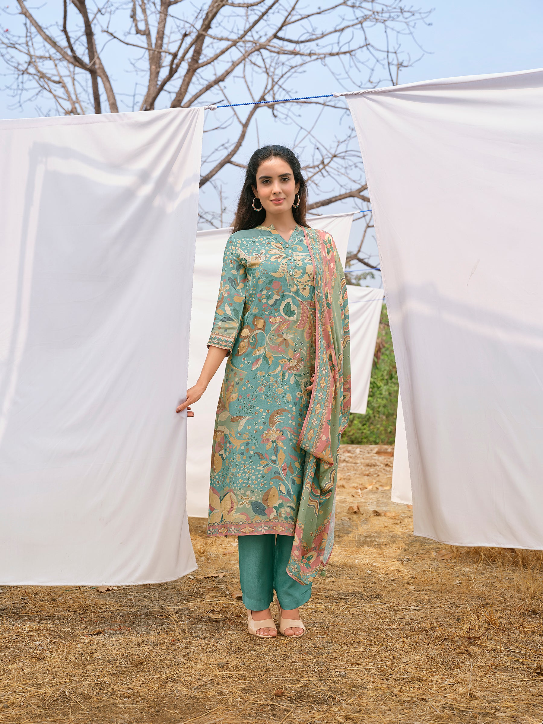 Sea Green Botanical Printed Cotton Pant Set