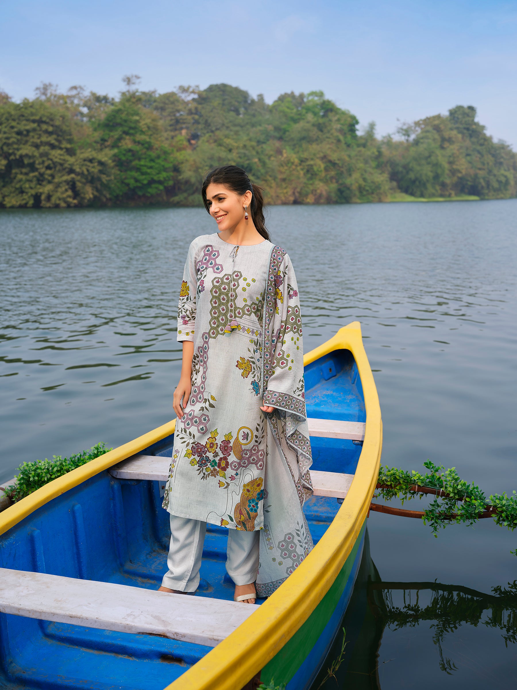 Silver Grey Geometric Printed Viscose Silk Pant Set