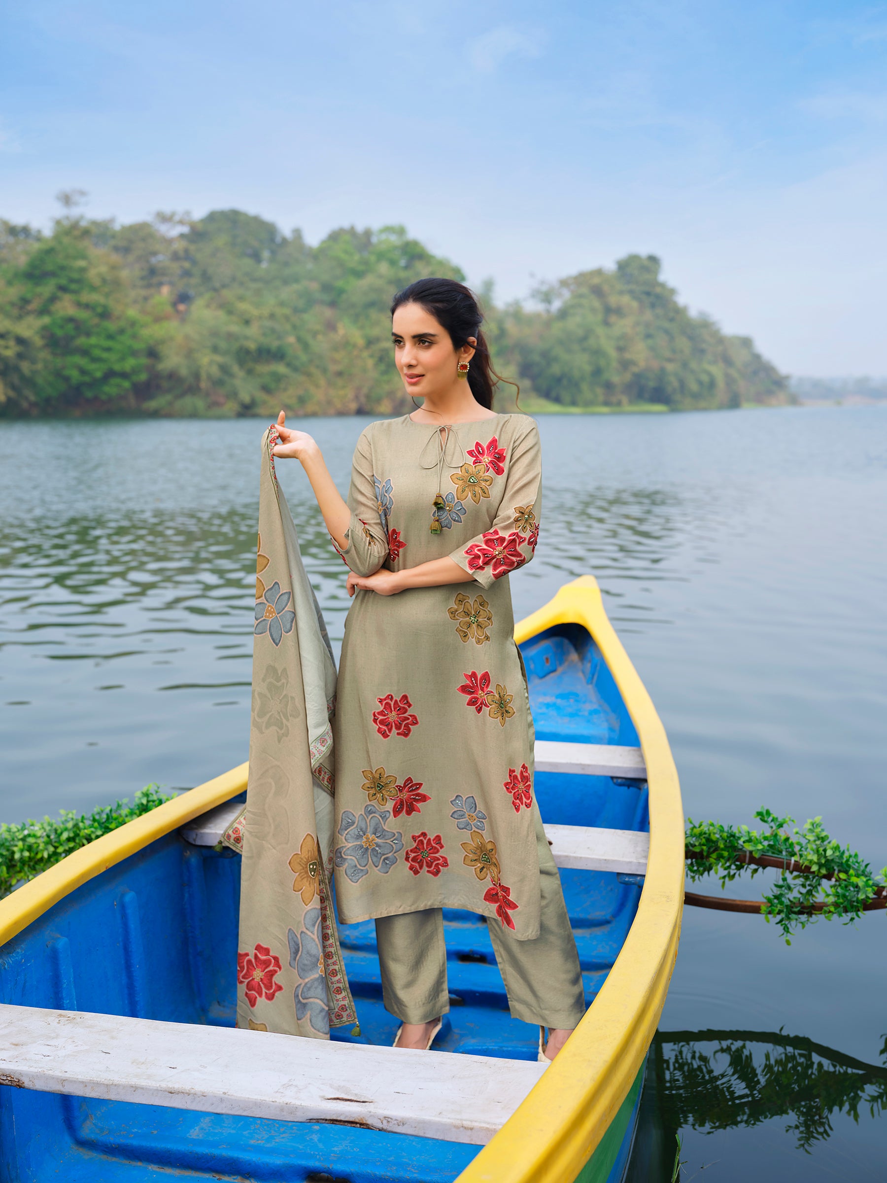 Khakhi Olive Floral Printed Viscose Silk Pant Set