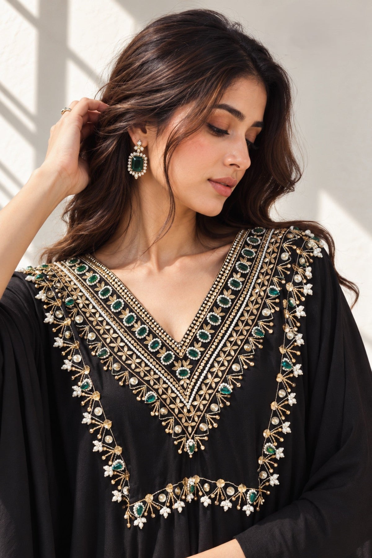Deep Black Embellished Crepe Silk Kaftan Set