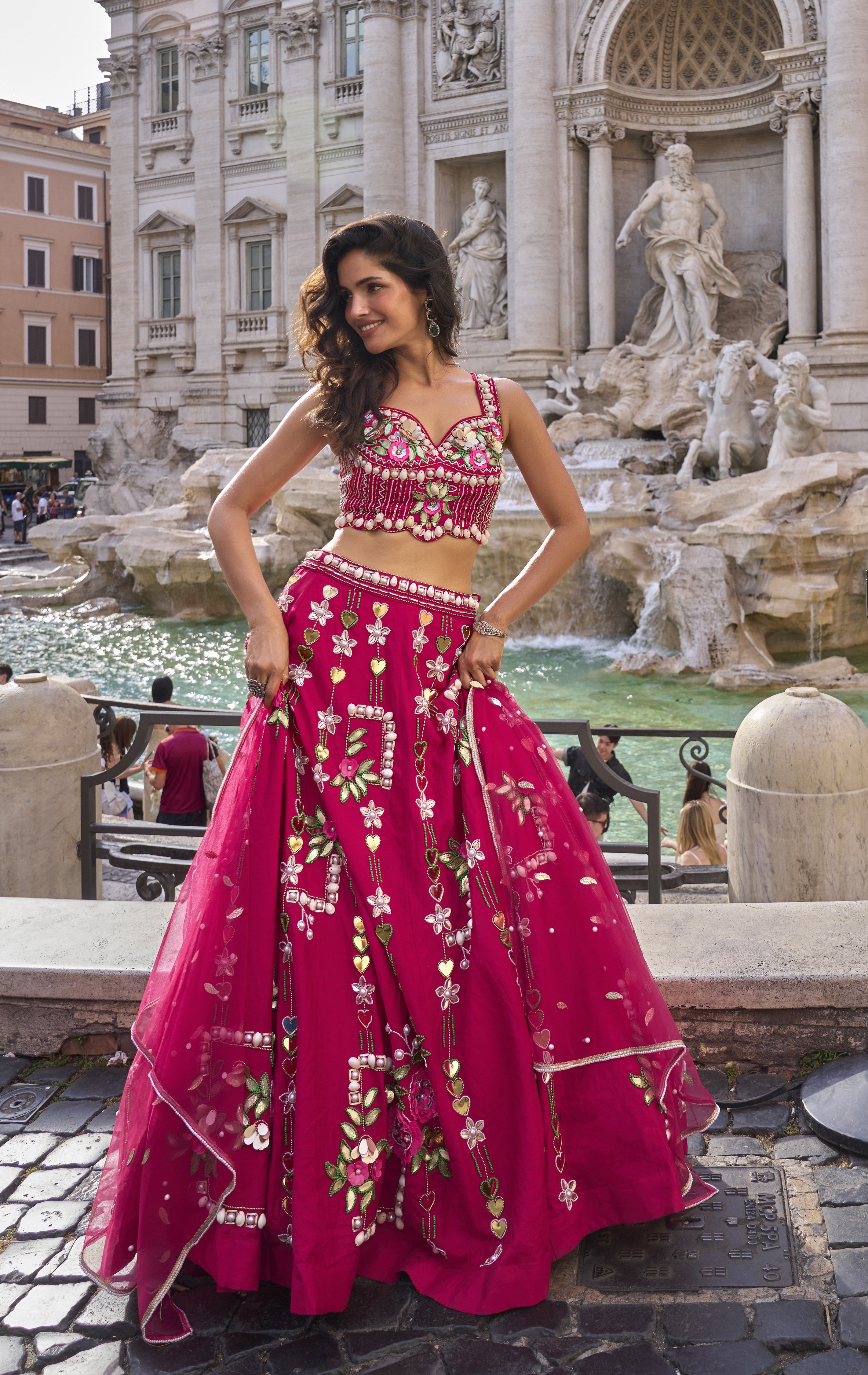 Fuchsia Pink Embellished Crepe Silk Skirt Set