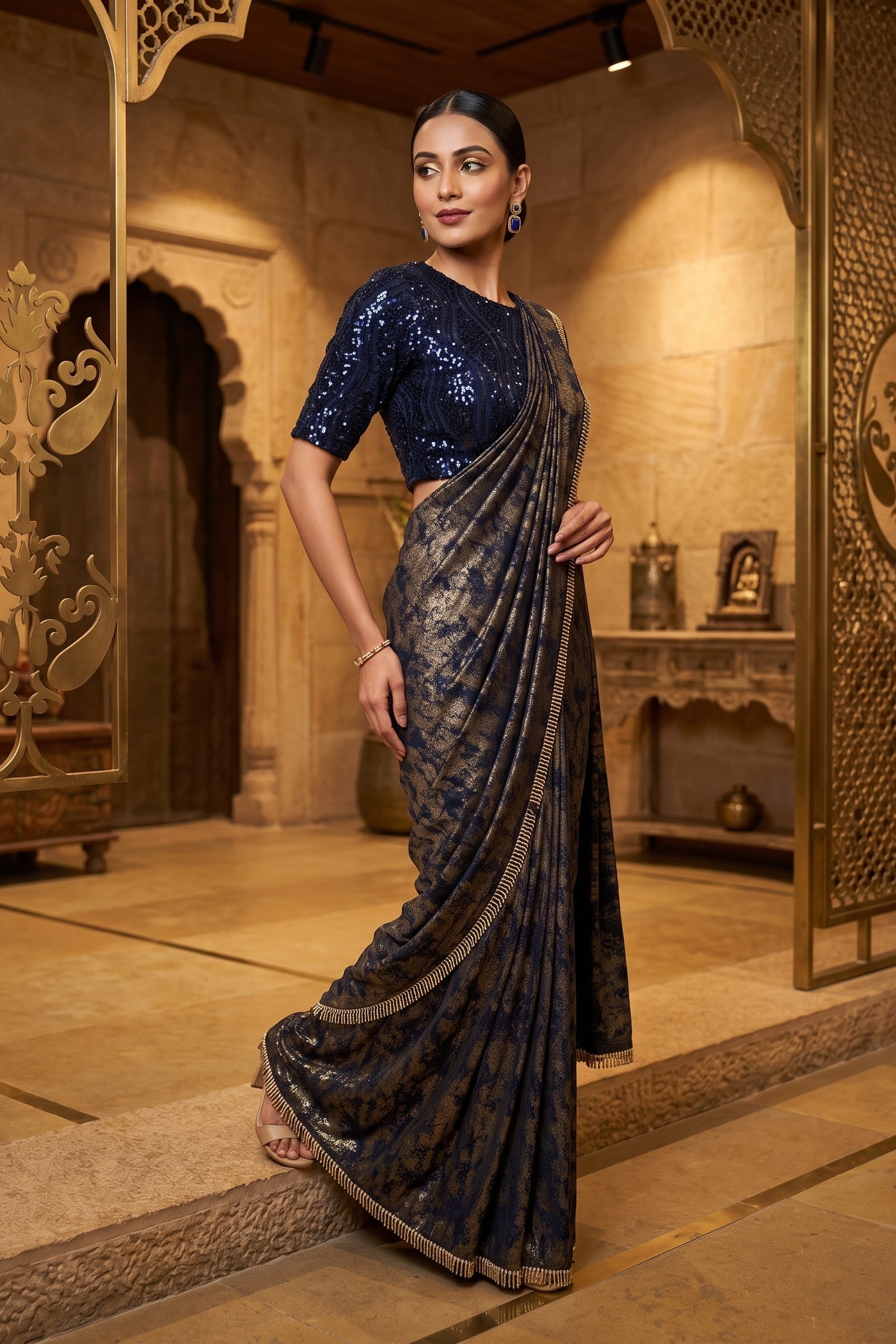 Navy Blue Printed Premium Lycra Silk Saree