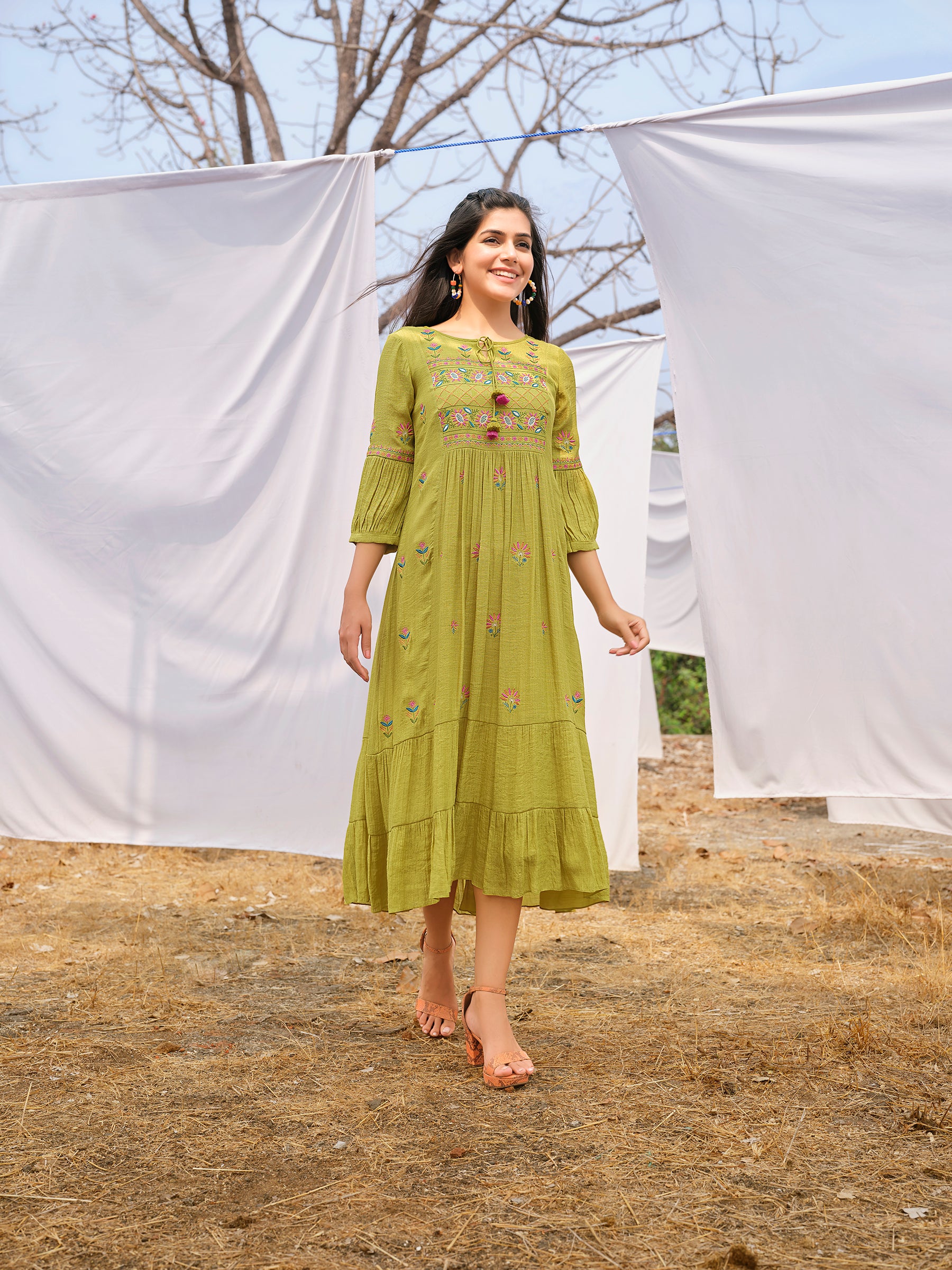 Light Olive Green Embroidered Viscose Silk Dress