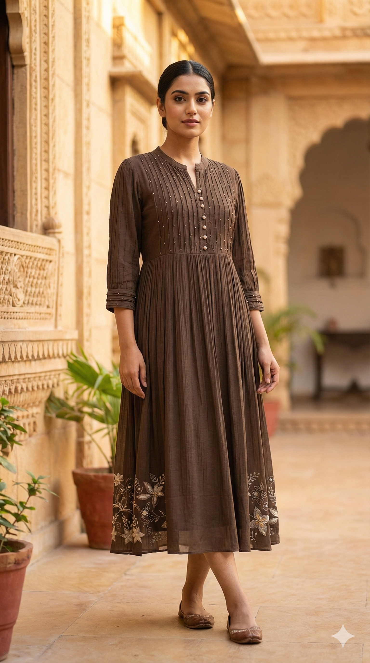 Earthy Brown Embroidered Viscose Silk Dress
