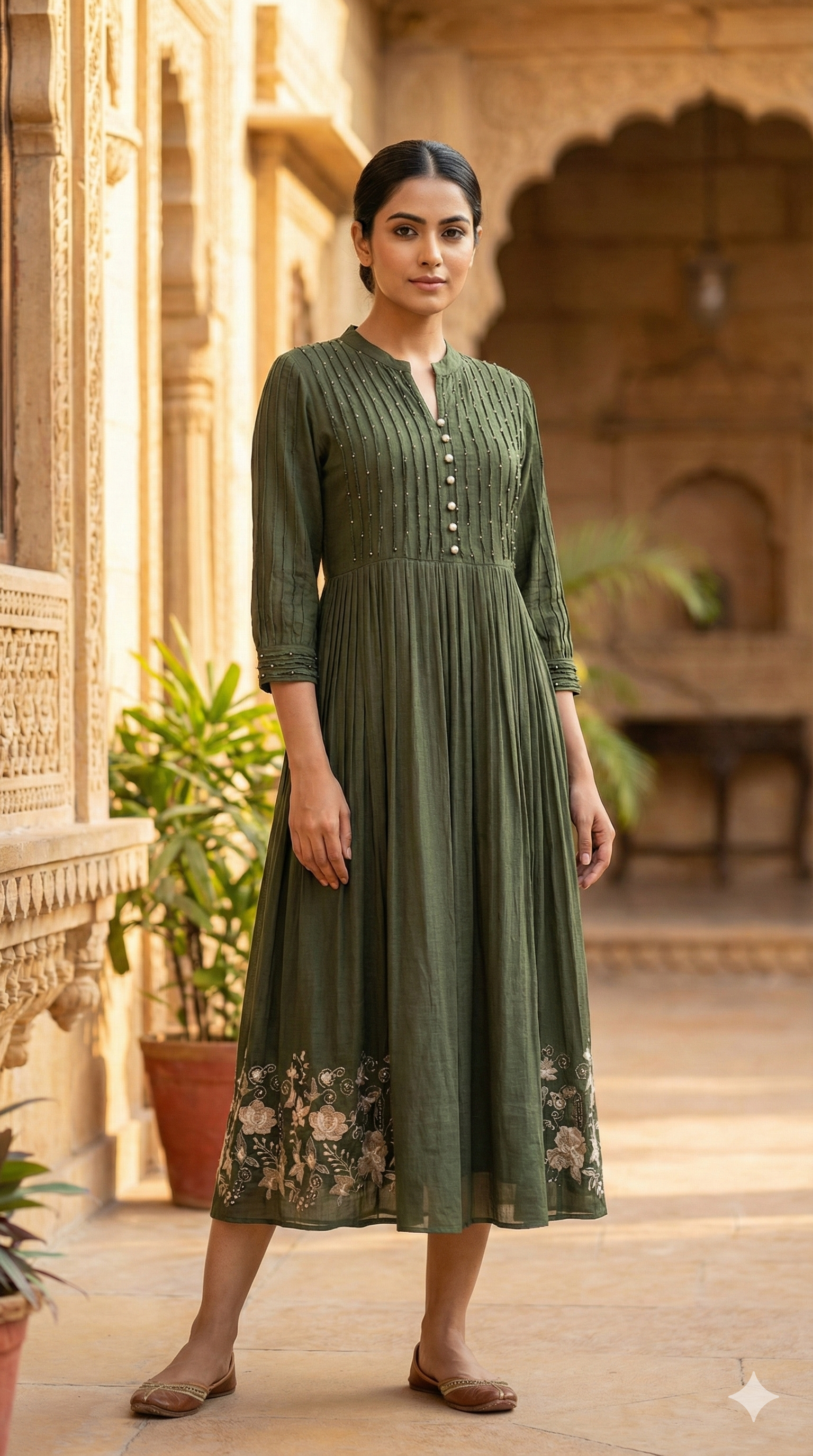 Olive Green Embroidered Viscose Silk Dress