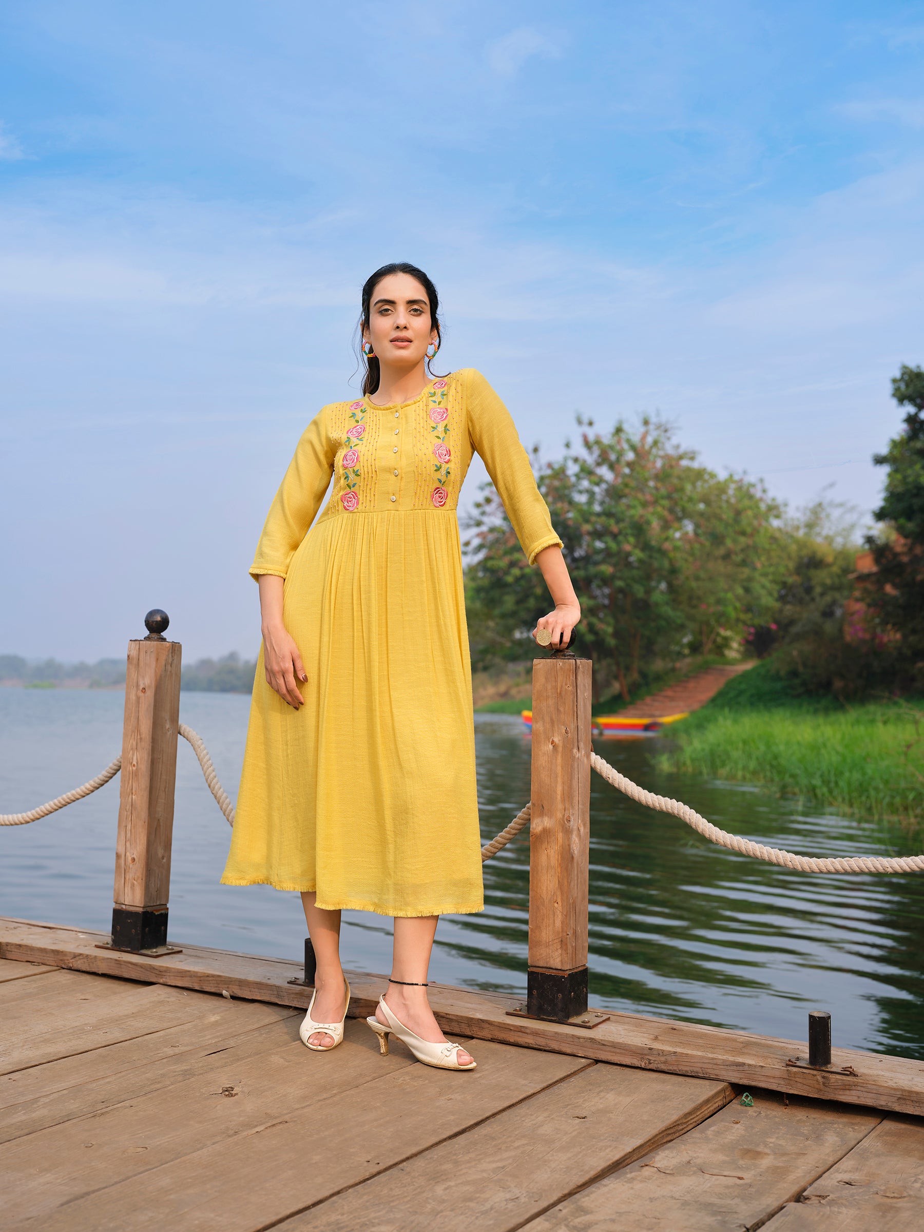 Sunshine Yellow Floral Embroidered Viscose Silk Dress