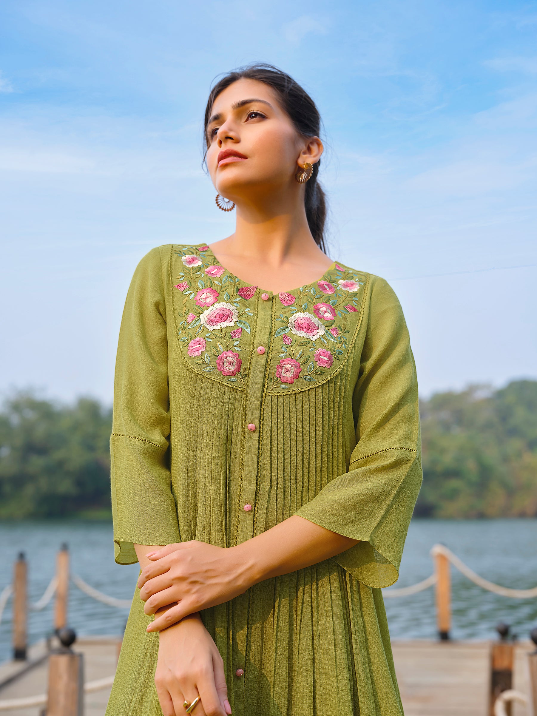 Moss Green Floral Embroidered Viscose Silk Dress