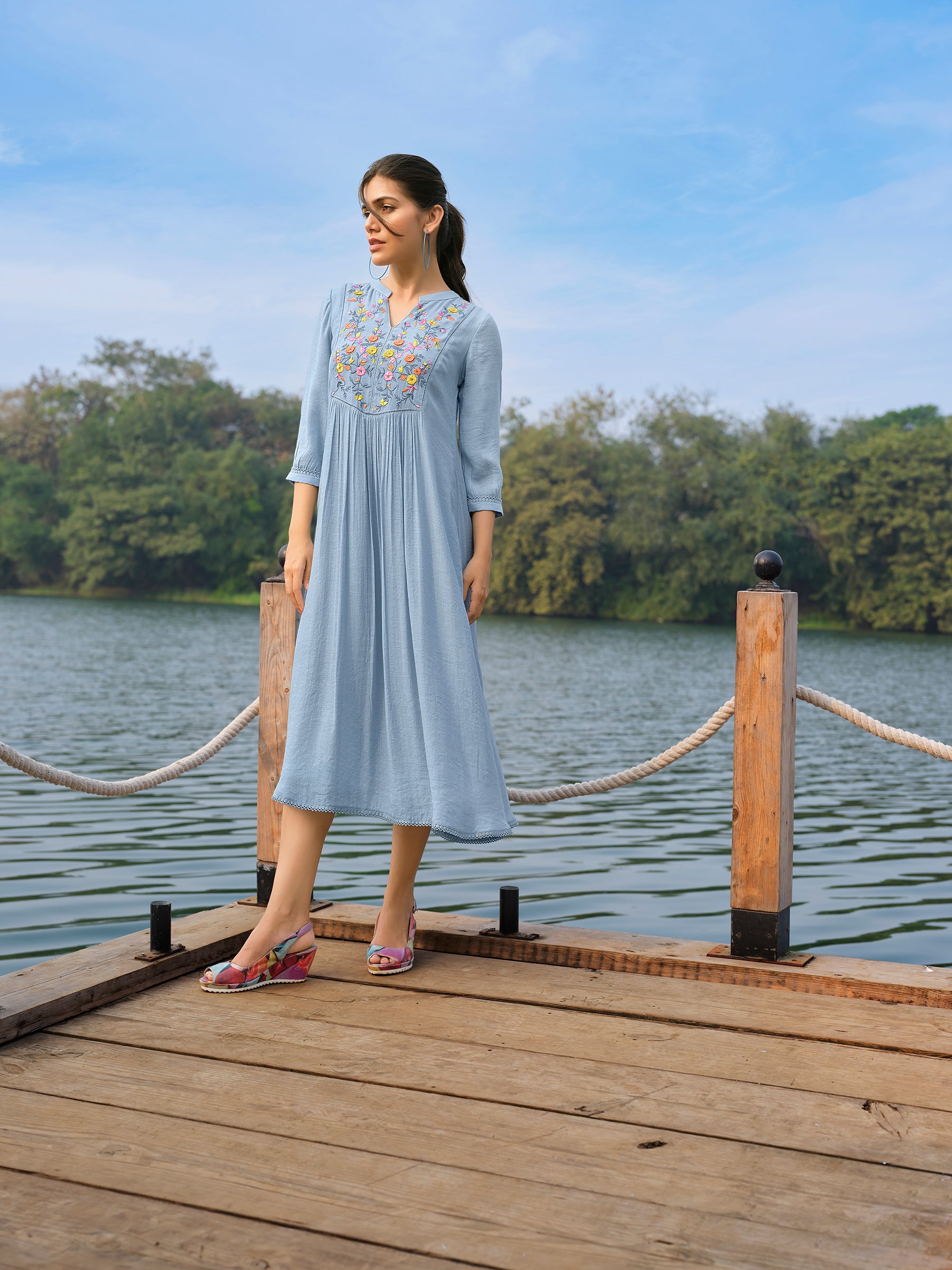 Powder Blue Floral Embroidered Viscose Silk Dress