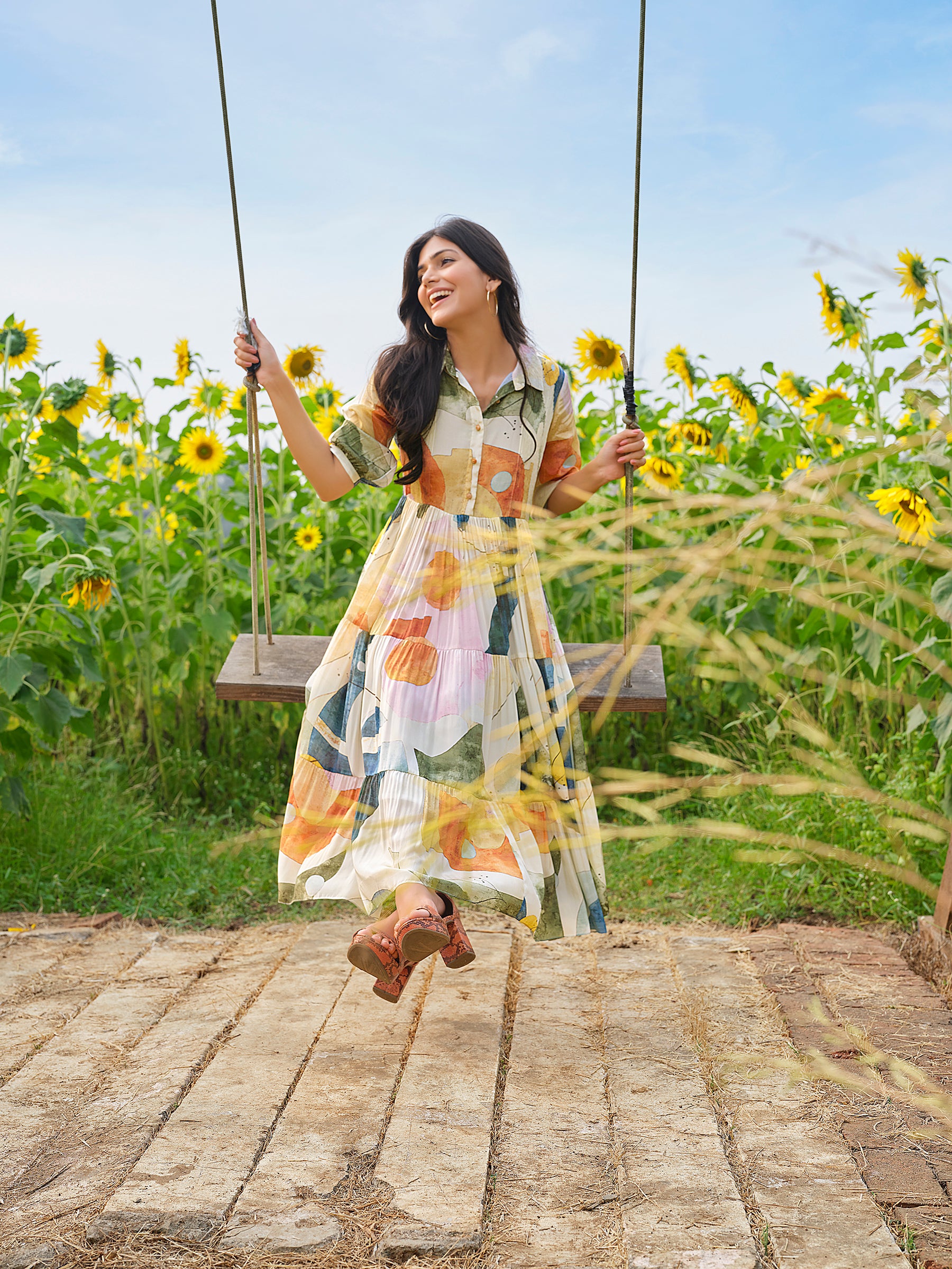 Multi-Color Abstract Print Crepe Silk Dress