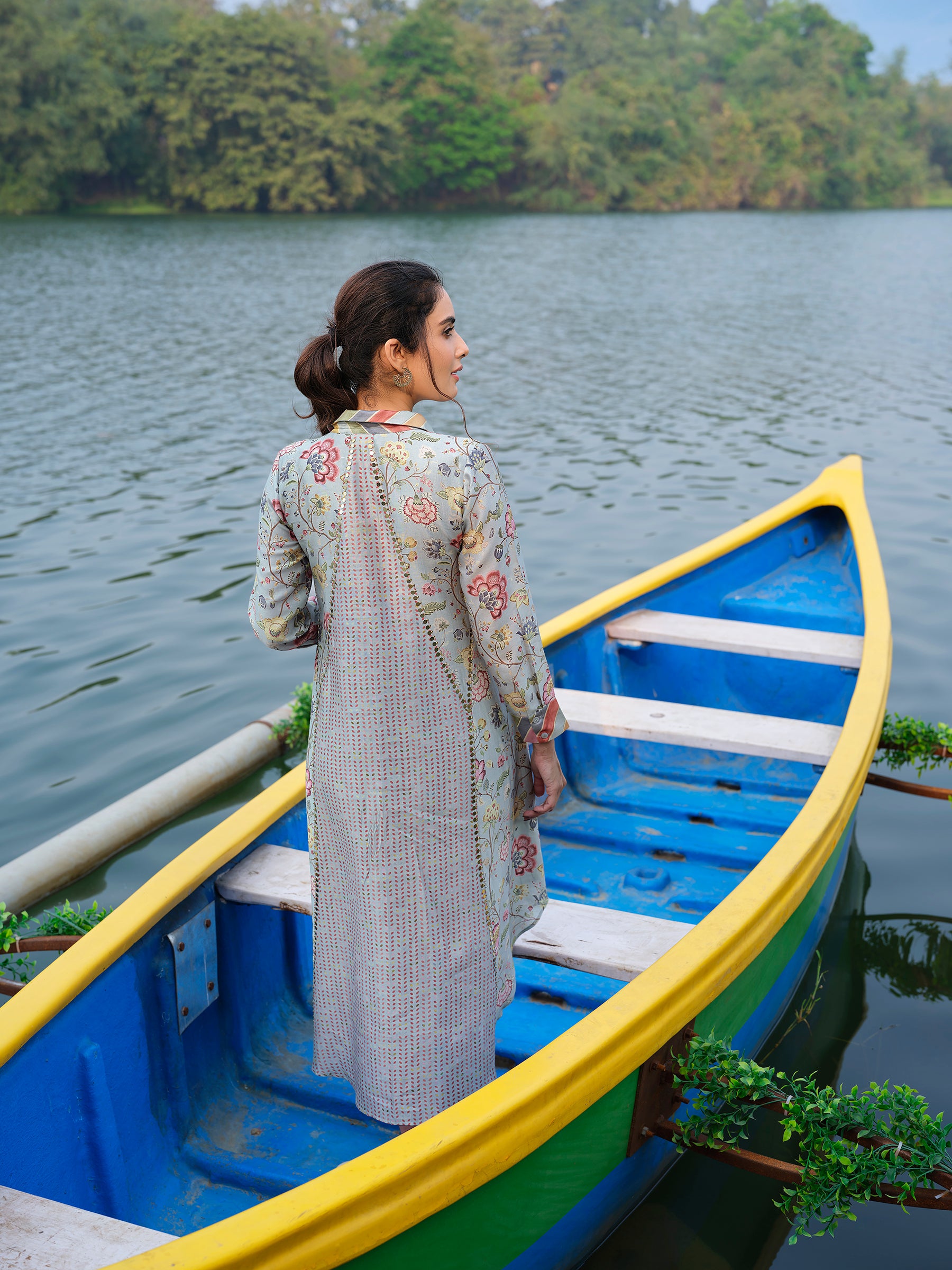 Powder Blue Printed Chanderi Silk Dress