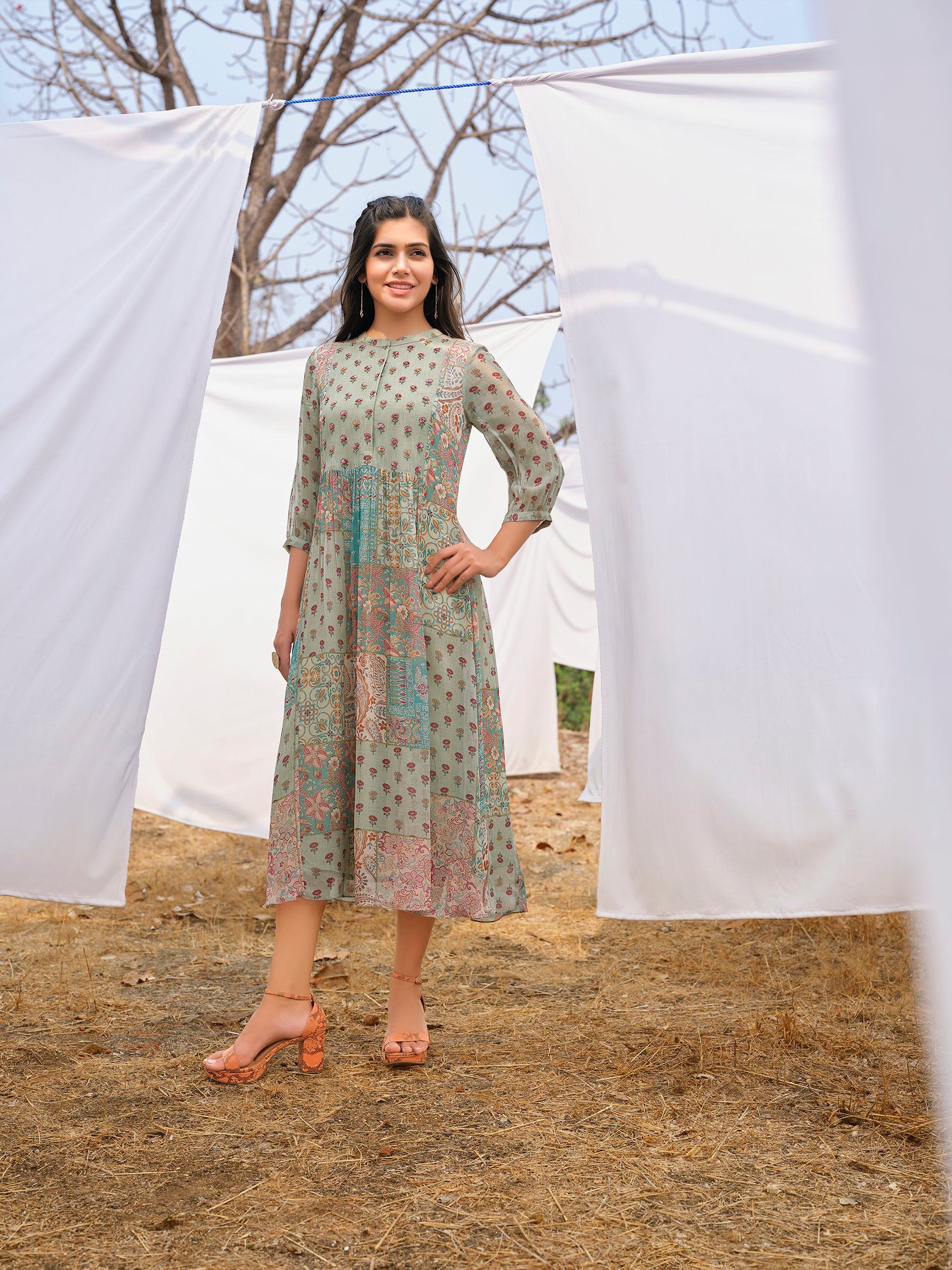 Sage Green Printed Georgette Silk Dress
