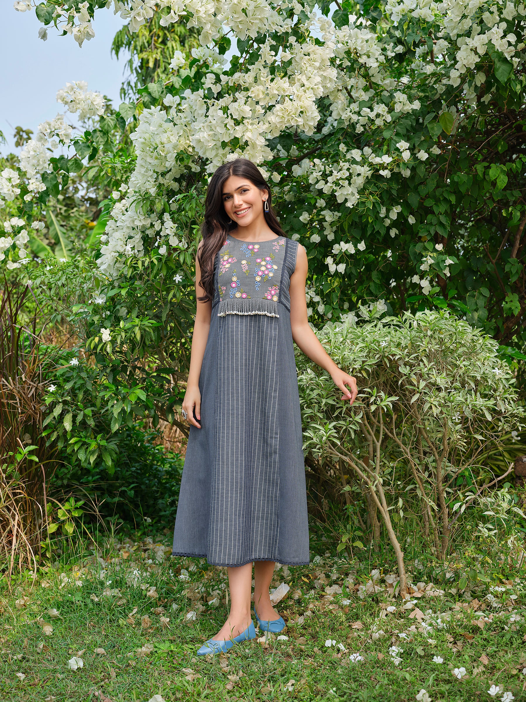 Steel Blue Floral Embroidered Cotton Dress
